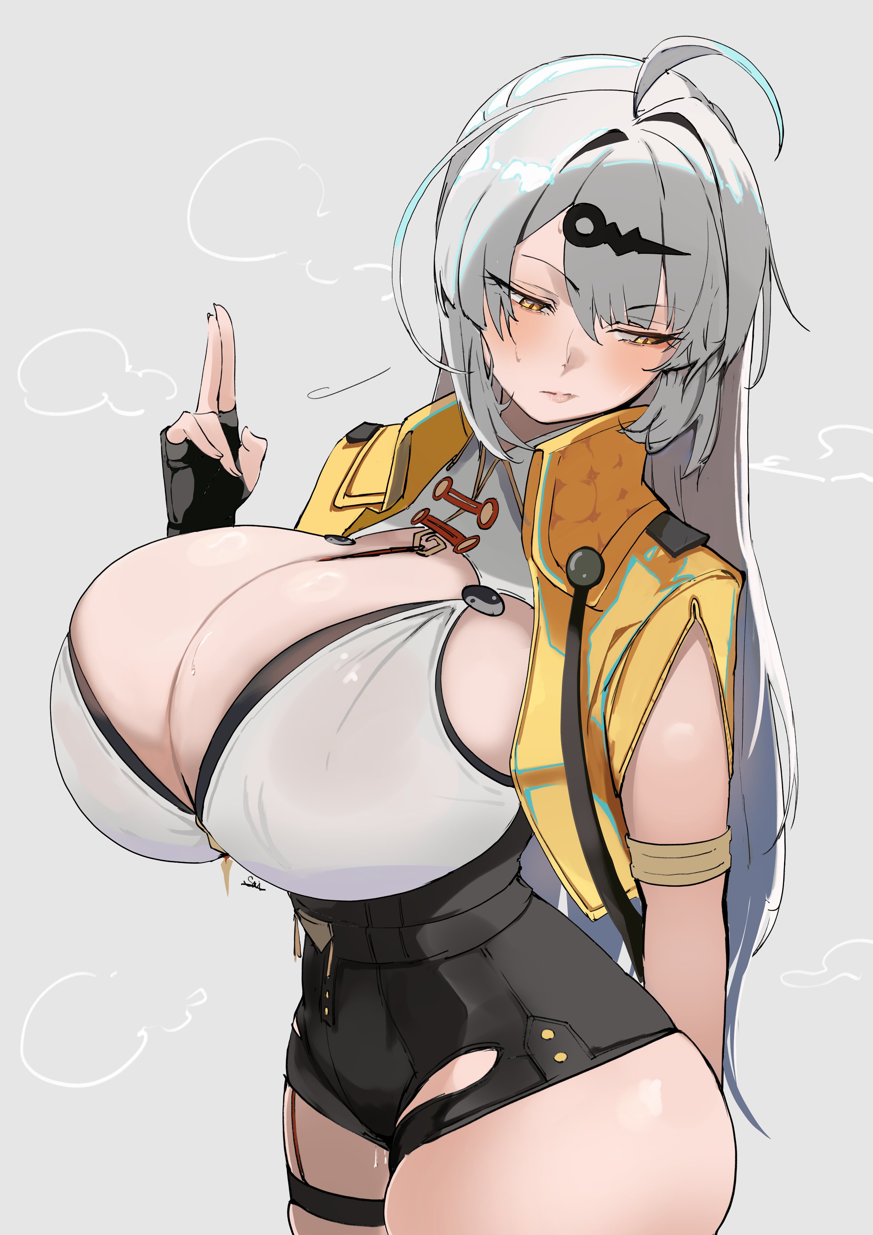 absurdres, ahoge, alternate breast size, belt, black gloves, black shorts, blush, breasts, camisole, cleavage, commentary request, elbow gloves, female, female only, fingerless gloves, gloves, hair ornament, hairclip, high-waist shorts, highres, huge breasts, jacket, long hair, looking to the side, s4ika, shorts, solo, thighs, white camisole, white hair, yellow eyes, yellow jacket, yin yang pin, yixuan (zenless zone zero), zenless zone zero
