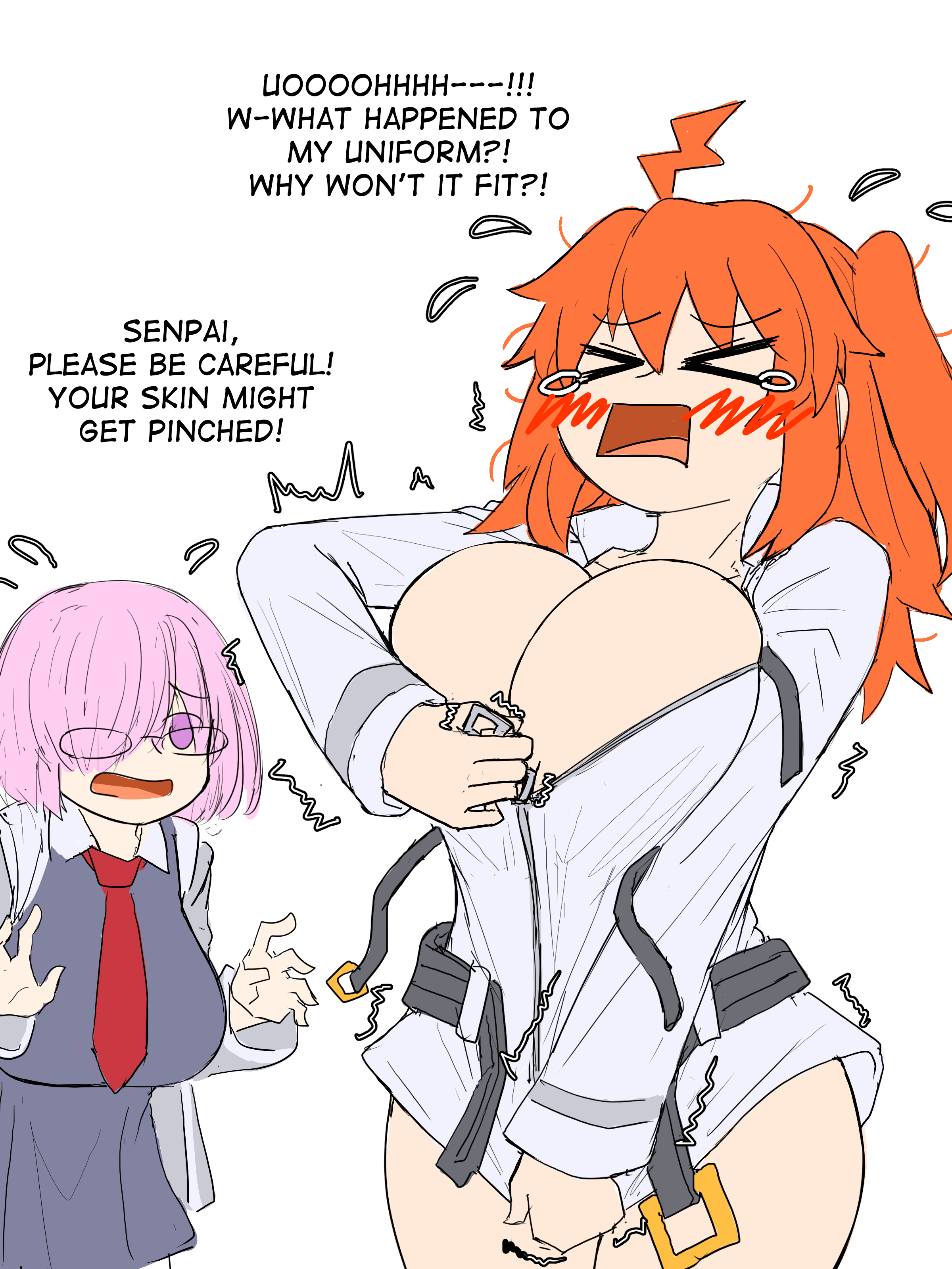 > <, 2026, 2girls, big breasts, blush, breasts, breasts too big, curvy, fate (series), fate/grand order, flying sweatdrops, frustrated, fujimaru ritsuka (female), gigantic breasts, gudako, inconvenient boobs, inconvenient breasts, mash kyrielight, multiple girls, naked jacket, open mouth, screaming, steamingtofu, strained zipper, struggling to fit, tears, text, trembling, undersized clothes, undersized clothing, wardrobe malfunction, zipper malfunction, zipper stuck, zipper wont zip, zipping