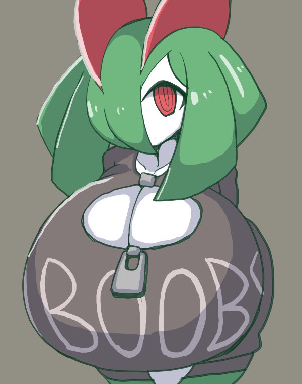 1girls, anthro, anthro only, anthrofied, big breasts, breasts, clothed, english text, eye contact, female, female only, generation 3 pokemon, green hair, green skin, grey background, hair over one eye, huge breasts, humanoid, hyper, hyper breasts, kirlia, large breasts, looking at viewer, nintendo, petronoise, pokémon (species), pokemon, pokemon (species), pokemon rse, red eyes, shirt, short hair, simple background, solo, solo female, source request, t-shirt, text, top heavy, voluptuous, white skin, zipper