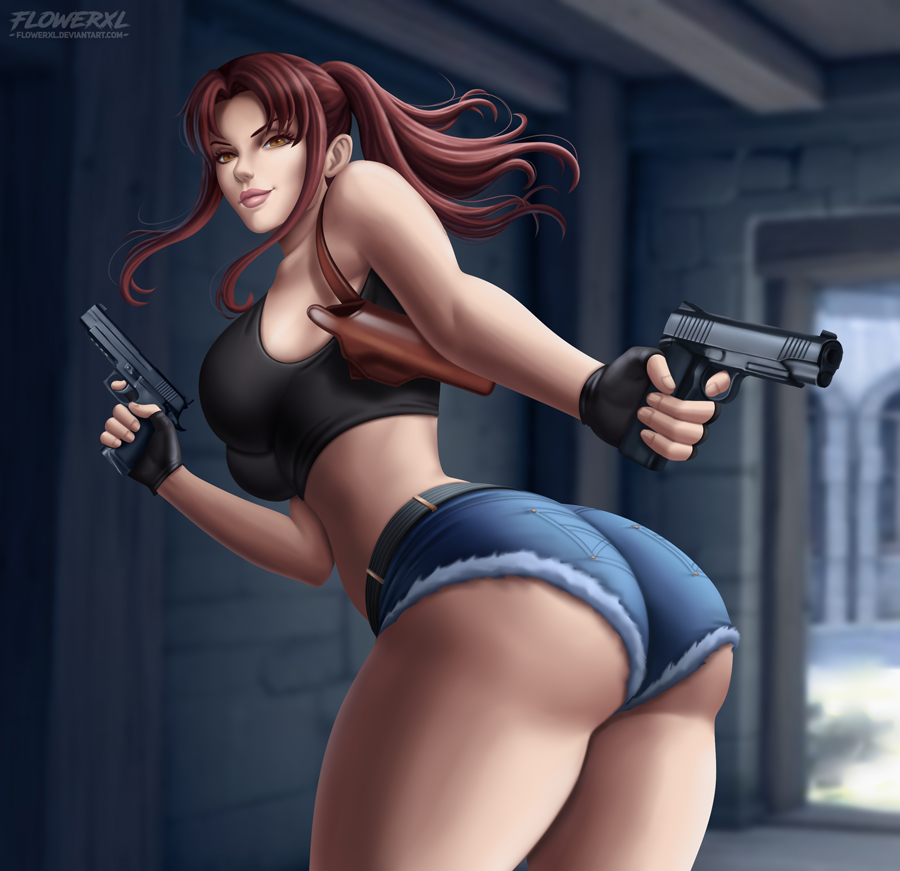 1girls, ass, bent over, big ass, big butt, black lagoon, breasts, brown hair, cleavage, clothed, clothes, clothing, color, colored, cutoffs, daisy dukes, denim, denim shorts, detailed background, female, female only, fingerless gloves, flowerxl, gloves, gun, holster, human, human only, indoors, large ass, long hair, looking at viewer, looking back, pistol, ponytail, revy, short shorts, shorts, smile, solo, solo female, solo focus, tank top, tied hair, uncensored, yellow eyes