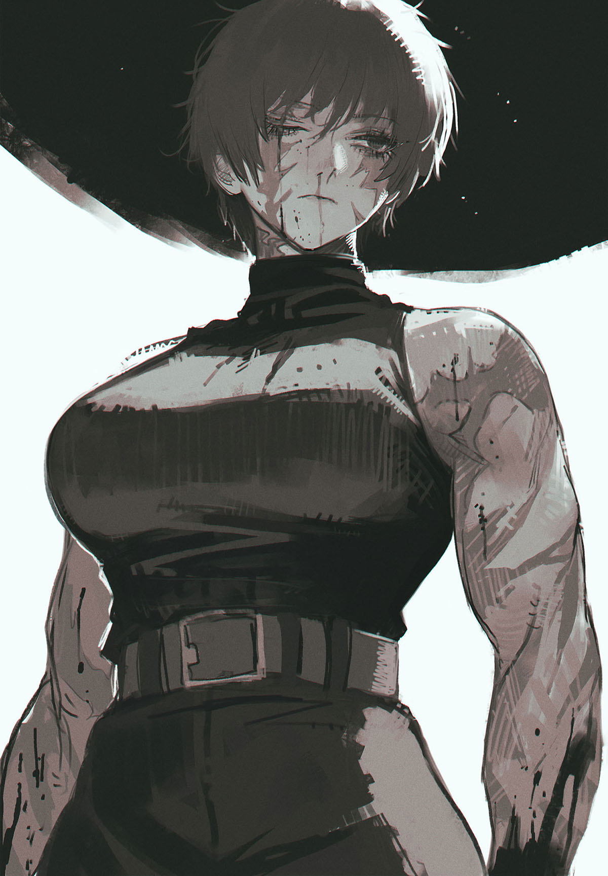 1girls, absurd res, bare shoulders, belt, black pants, black shirt, blood, blood on face, breasts, burn scar, highres, jujutsu kaisen, large breasts, muscular, muscular female, nosebleed, one eye closed, scar, scar across eye, scar on face, scars all over, short hair, short hair female, simple background, sleeveless, solo, solo female, tomatoketchup96, tomboy, very short hair, zenin maki
