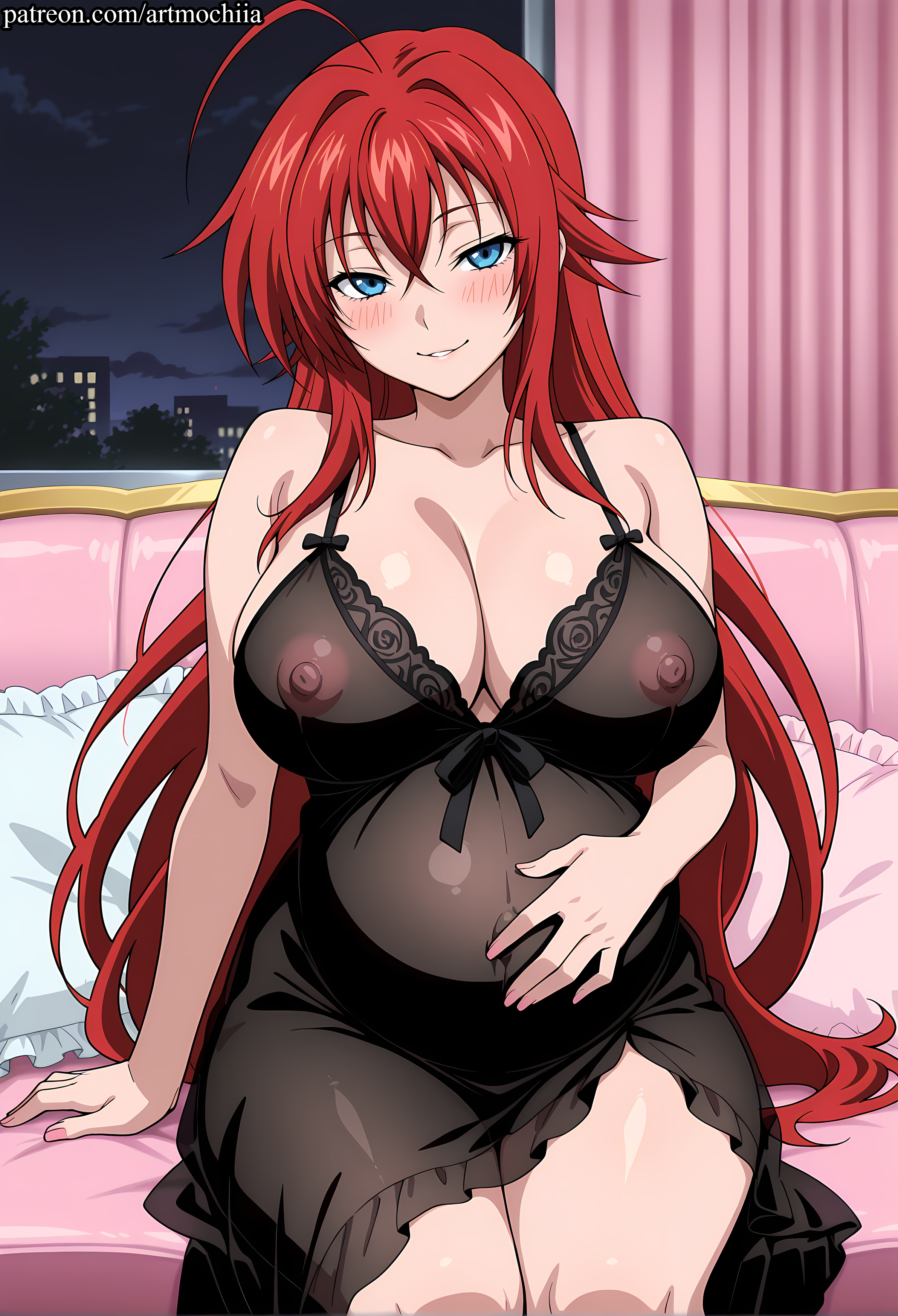 ahoge, ai generated, anime, artmochiia, bed, bed sheet, bedroom, big belly, big breasts, blue eyes, blush, breasts, cleavage, collarbone, covered nipples, curtains, cushion, fanart, female, female only, frilled pillow, frills, hand on own stomach, heart pillow, high school dxd, large breasts, lingerie, long hair, looking at viewer, night, night sky, nightgown, nipples, on bed, pillow, pregnant, red hair, rias gremory, see-through, sitting, sitting on bed, smile, solo, star sky, starry sky, underwear, very long hair, voluptuous, voluptuous female, window, yes, yes-no pillow