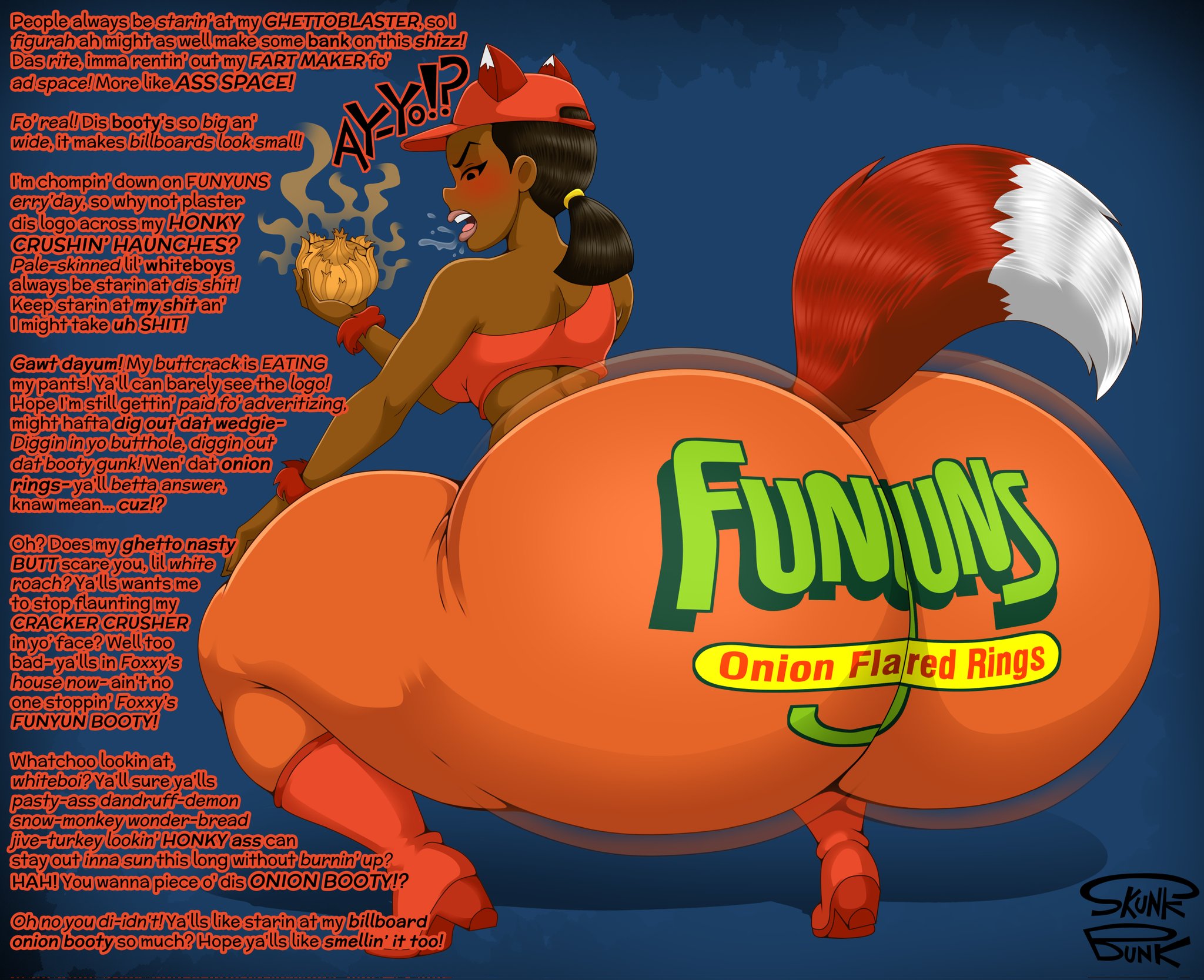 about to fart, alternate version available, ass, big ass, comedy central, dark skin, dark-skinned female, dialogue, drawn together, female, fox ears, fox tail, foxxy love, huge ass, hyper ass, leggings, mucho texto, novelty pants, onion, raceplay, skunk bunk, text, yoga pants