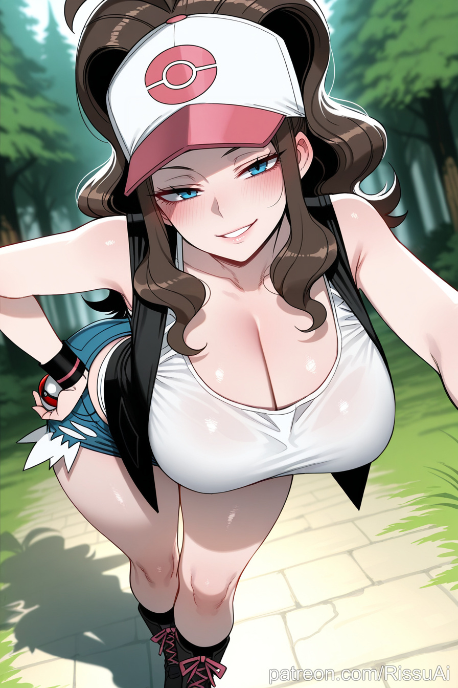 2026, ai generated, anime, big ass, big breasts, blue eyes, blurry background, brown hair, cap, day, female, female only, foreskin, hilda (pokemon), horny, horny female, huge ass, huge breasts, in heat, patreon, patreon username, perfect ass, perfect body, perfect boobs, pokemon, pokemon (game), pokemon bw, rissuai, sexy, sexy body, sexy female, sexy pose, submissive female, wet pussy, young, younger female