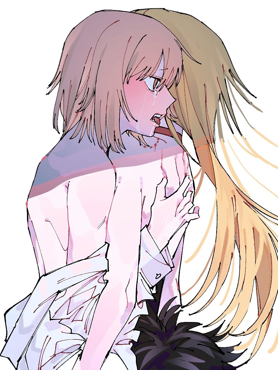 2girls, blonde hair, dohwa110, dungeon meshi, elf female, falin touden, female, female only, interracial yuri, marcille donato, multiple girls