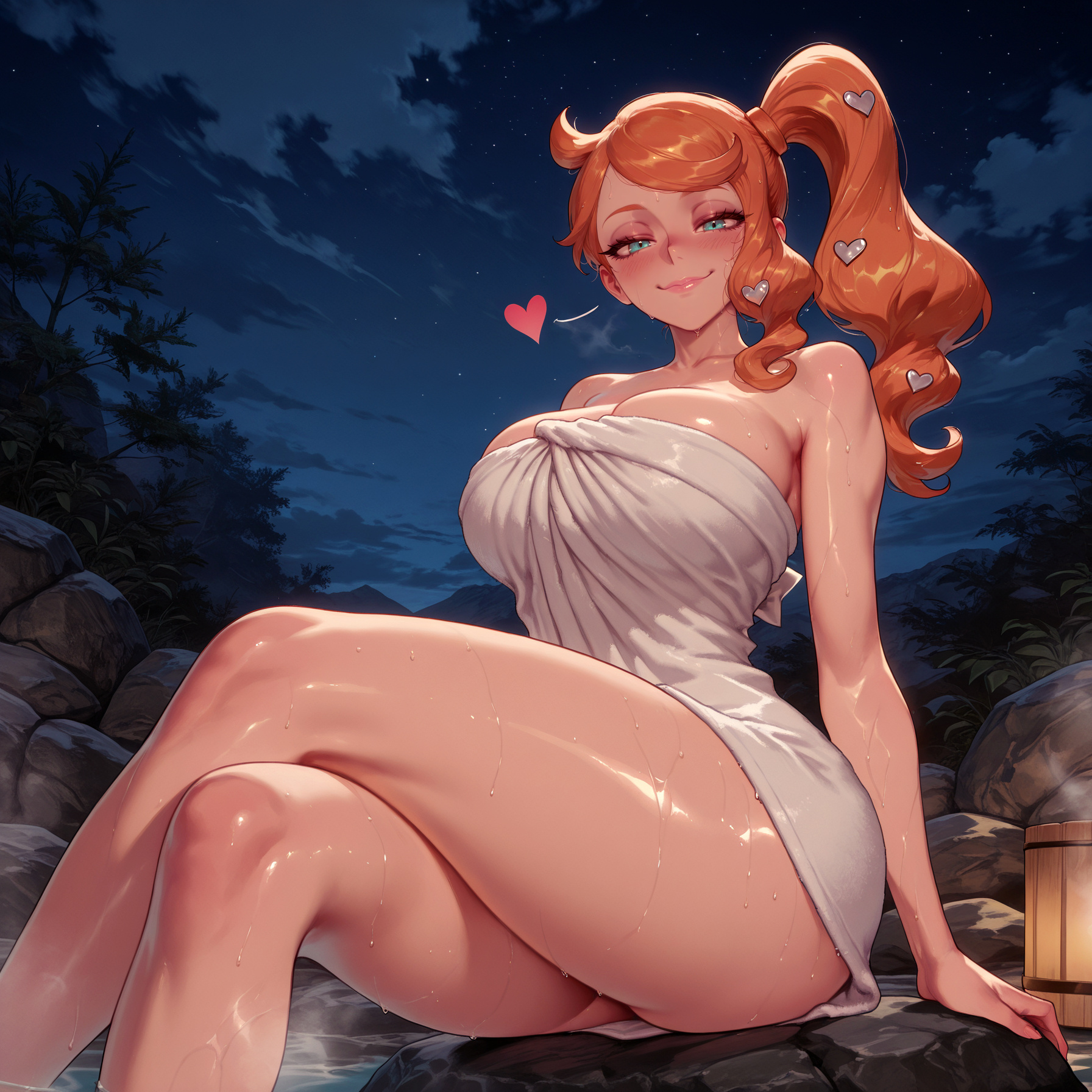 1girl, 1girls, ai generated, aqua eyes, balecxi, bangs, bare shoulders, blush, breasts, cleavage, closed mouth, collarbone, crossed legs, curvaceous, curvaceous female, curvaceous figure, curvy, curvy figure, female, female focus, female only, green eyes, hair ornament, heart hair ornament, inviting, inviting to sex, lantern, large breasts, legs, lips, long hair, looking at viewer, mole, mole on breast, naked towel, night, night sky, nintendo, onsen, orange hair, outdoors, partially submerged, pokemon, pokemon ss, pokemon swsh, ponytail, presenting, presenting ass, presenting breasts, presenting hindquarters, presenting self, rock, seductive, seductive look, seductive smile, shiny skin, side ponytail, sitting, sky, smile, soaking feet, solo, sonia (pokemon), star (sky), starry sky, steam, swept bangs, thick thighs, thighs, towel, voluptuous, voluptuous female, water, wet