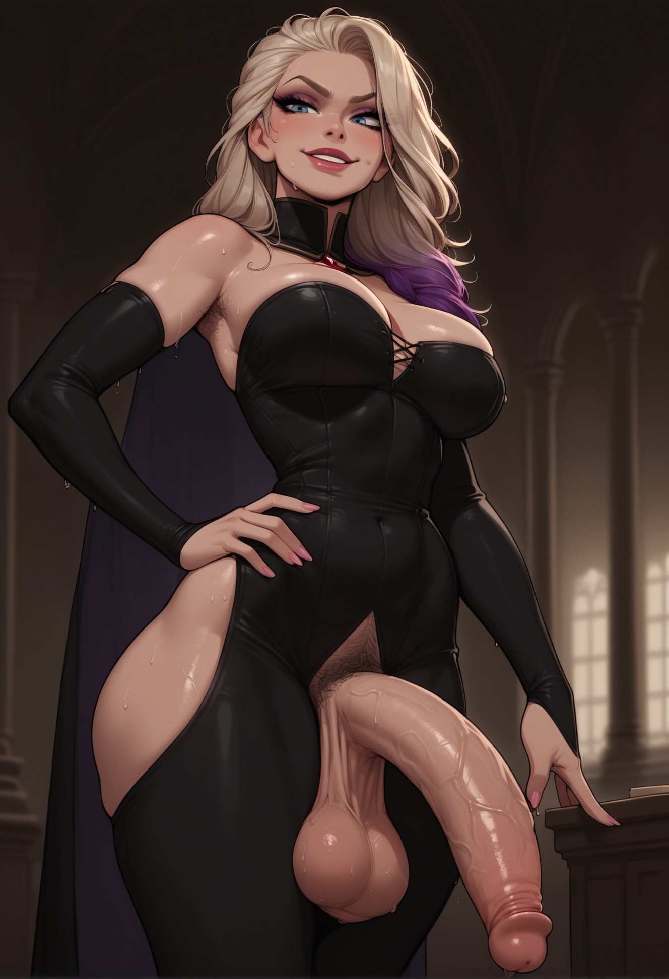 1futa, 1futanari, ai generated, ass, big ass, big breasts, big butt, big hips, big penis, black eyeshadow, black lip, black lips, black lipstick, black makeup, blue eyes, breasts, cleavage, clothed, clothing, cock keyhole clothing, dick, dickgirl, dress, elsa (frozen), eyebrows, eyelashes, frozen (film), frozen 2, futa only, futanari, goth, goth futa, goth girl, goth makeup, gothic, gothic girl, gothified, grin, grinning, grinning at viewer, hair, hands-free, hanging balls, huge balls, huge cock, indoors, large penis, lips, lipstick, long hair, long penis, looking at viewer, makeup, narrow waist, narrowed eyes, nose, penis, poney, seducing, seductive, seductive eyes, seductive gaze, seductive look, seductive mouth, seductive pose, seductive smile, smile, smile at viewer, smiley face, smooth balls, smooth penis, smooth skin, solo, solo dickgirl, solo focus, solo futa, solo futanari, testicles, thick penis, veiny penis, velonix, white hair