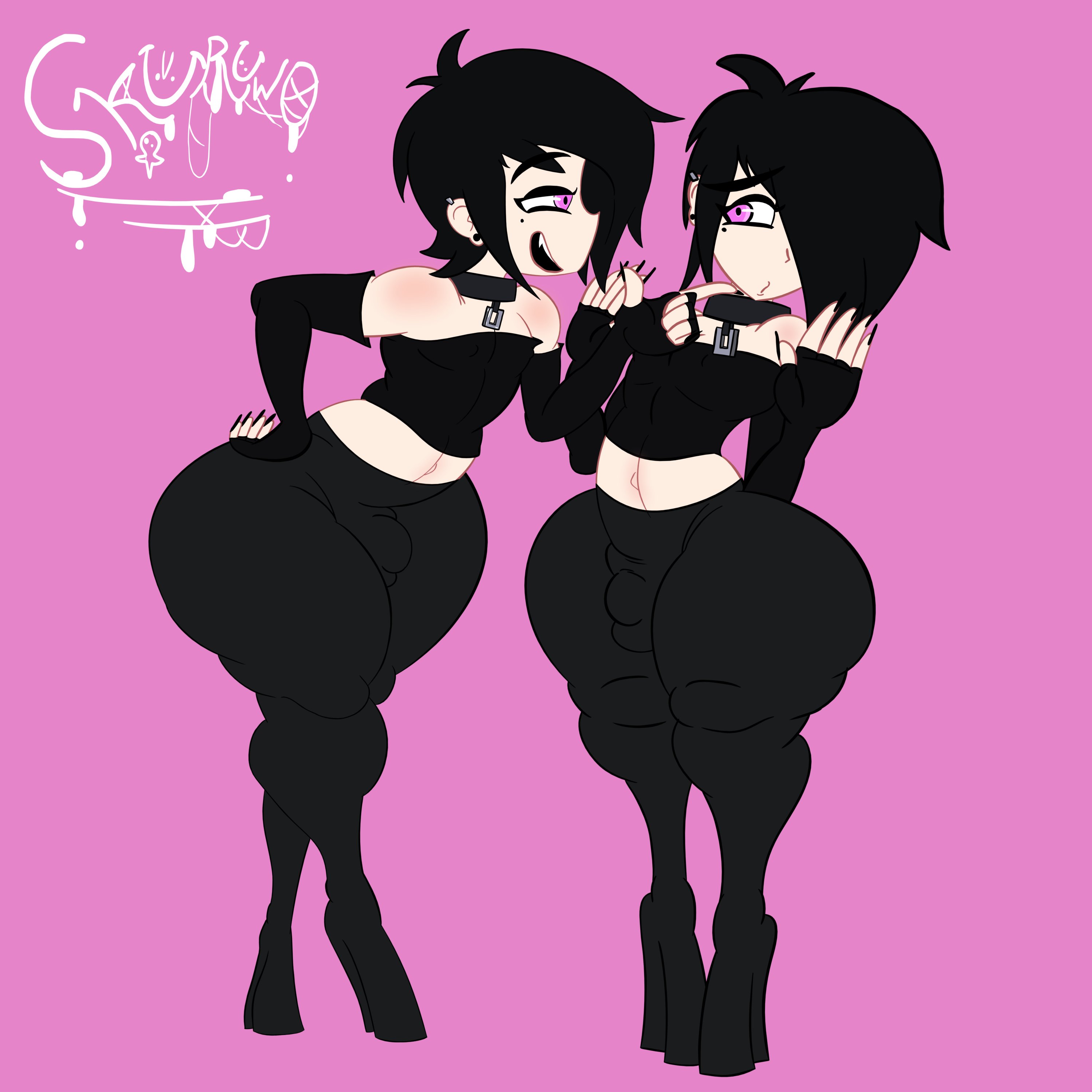 2boys, 2femboys, bottom heavy, bulge, bulge through clothing, choker, clothed, cubit d alien, detached sleeves, femboy, femboy only, goth, lavey, lavey-otokonoko, male, male only, midriff, multiple images, original, original character, platform heels, selfcest, skuruw0