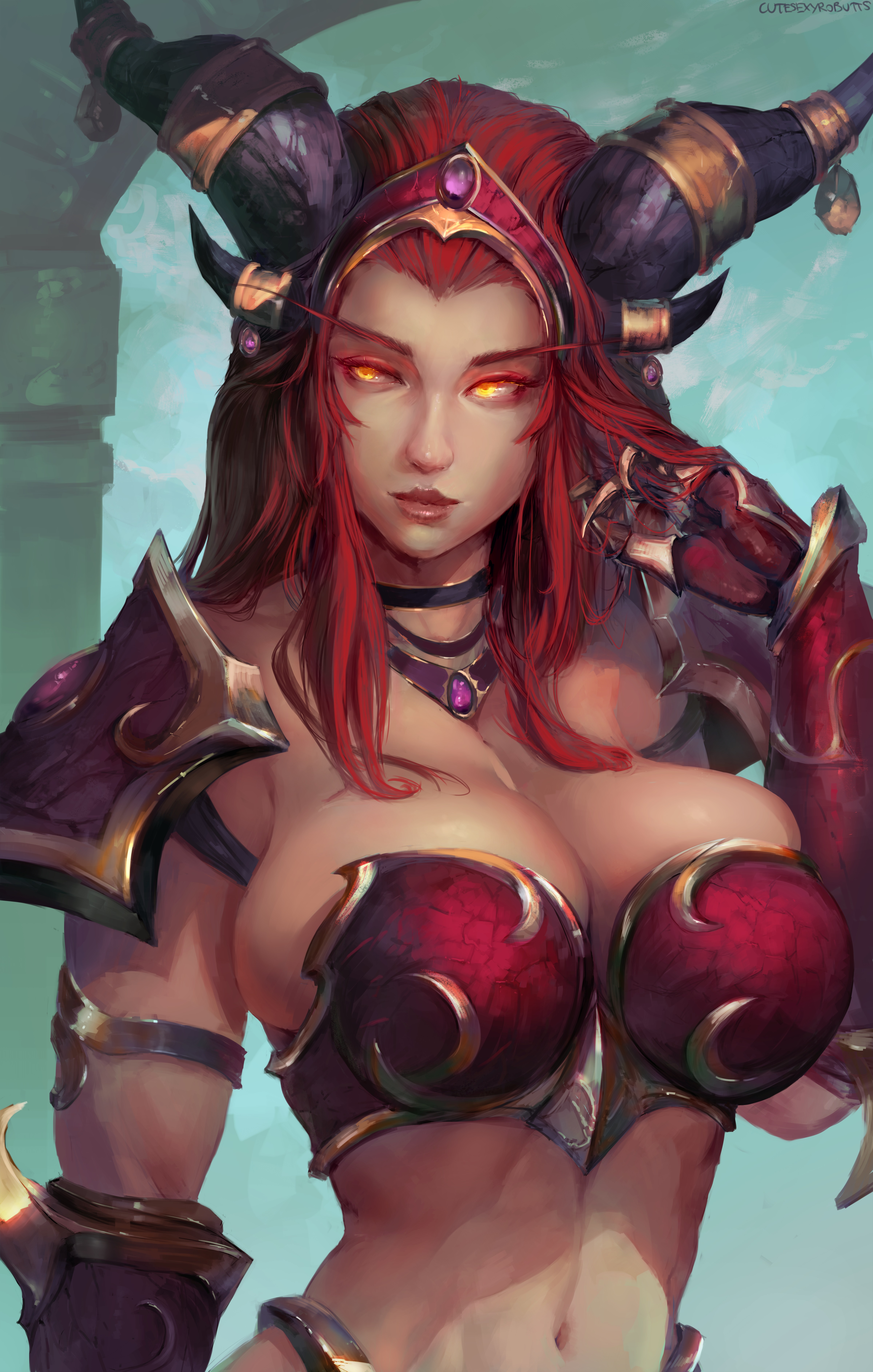 alexstrasza, armor, big breasts, breasts, cleavage, curvy, cutesexyrobutts, dragon girl, dragon horns, female, female only, glowing eyes, hair, highres, horns, long hair, red hair, solo, url, video games, warcraft, watermark, world of warcraft