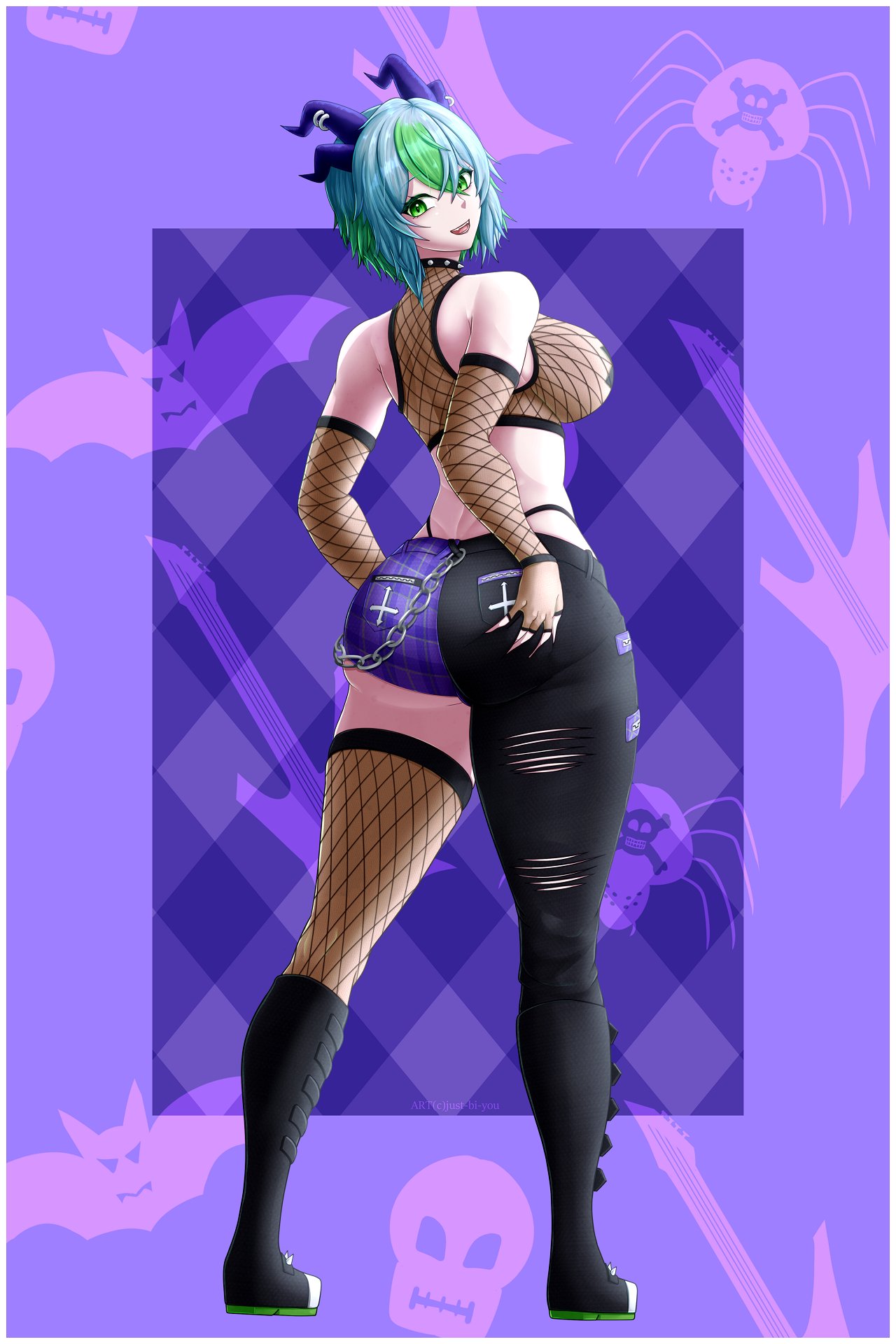 ass back_view breasts female female_only fishnet froot fully_clothed horns just-bi-you lich looking_back taped_breasts thong two_tone_hair virtual_youtuber vshojo vtuber