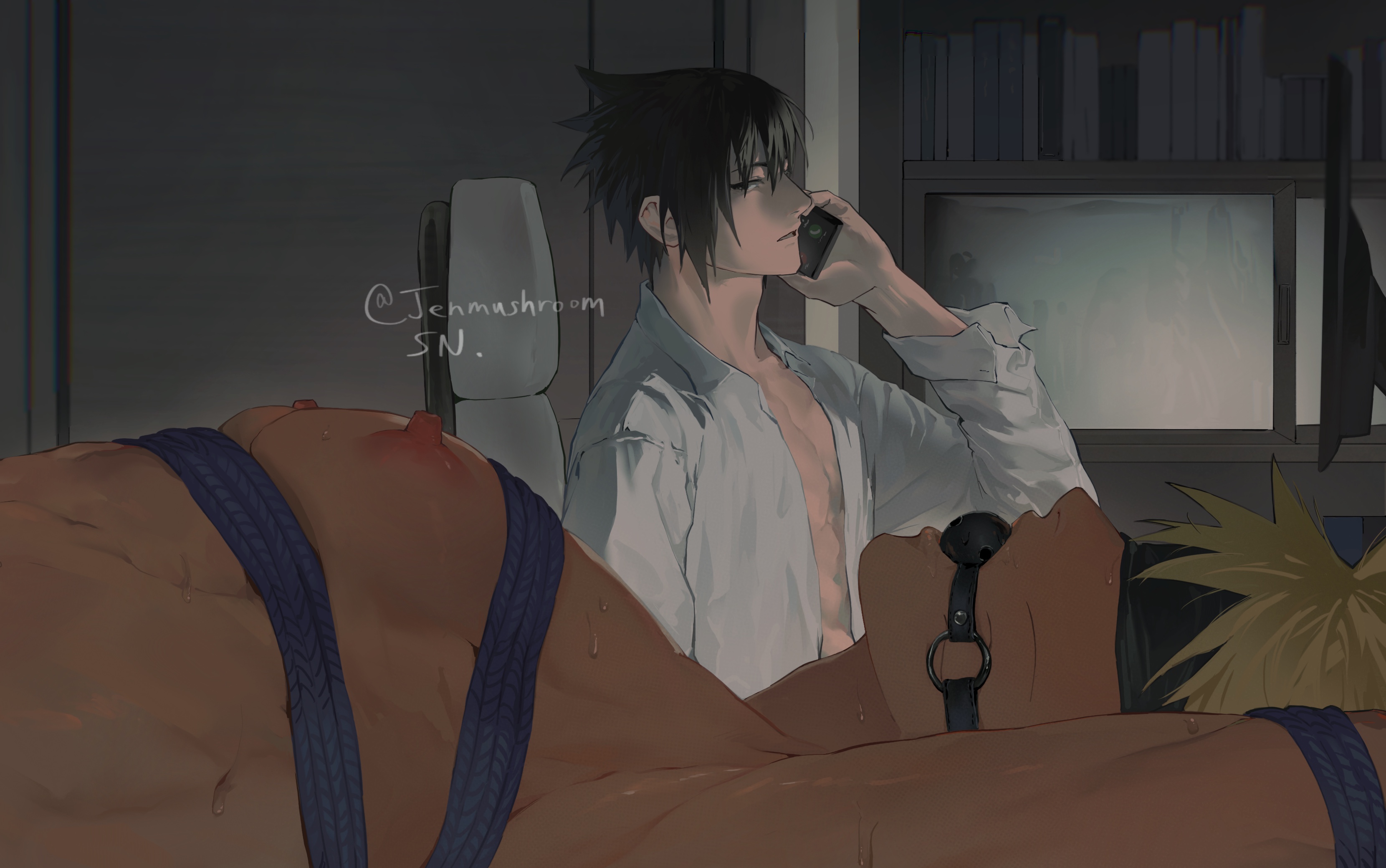 ball gag, bondage, gay, jenmushroom, male, male only, male/male, naruto, naruto (series), sasuke uchiha, uzumaki naruto, yaoi