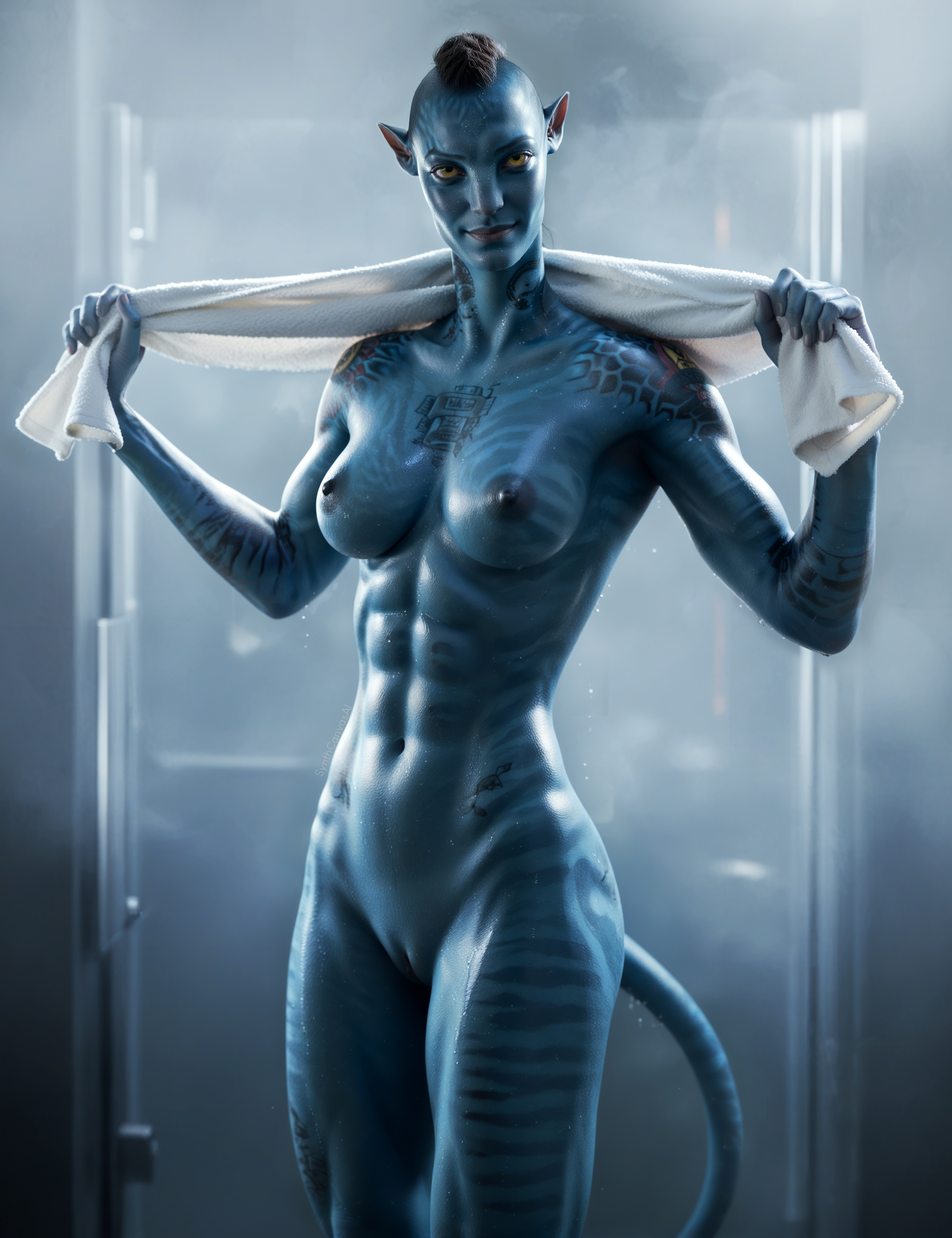 1girls, abs, absurd res, ai generated, alien, alien girl, alien only, athletic, athletic female, avatar, avatar: the way of water, blue skin, female, female only, looking at viewer, muscular, muscular female, na'vi, nipples, nude, nude female, photoshop, pussy, recombinant, stable diffusion, steam, synth canvas, tagme, tail, tall female, tattoos, towel around neck, wet body, yellow eyes, z-dog, zdinarsk