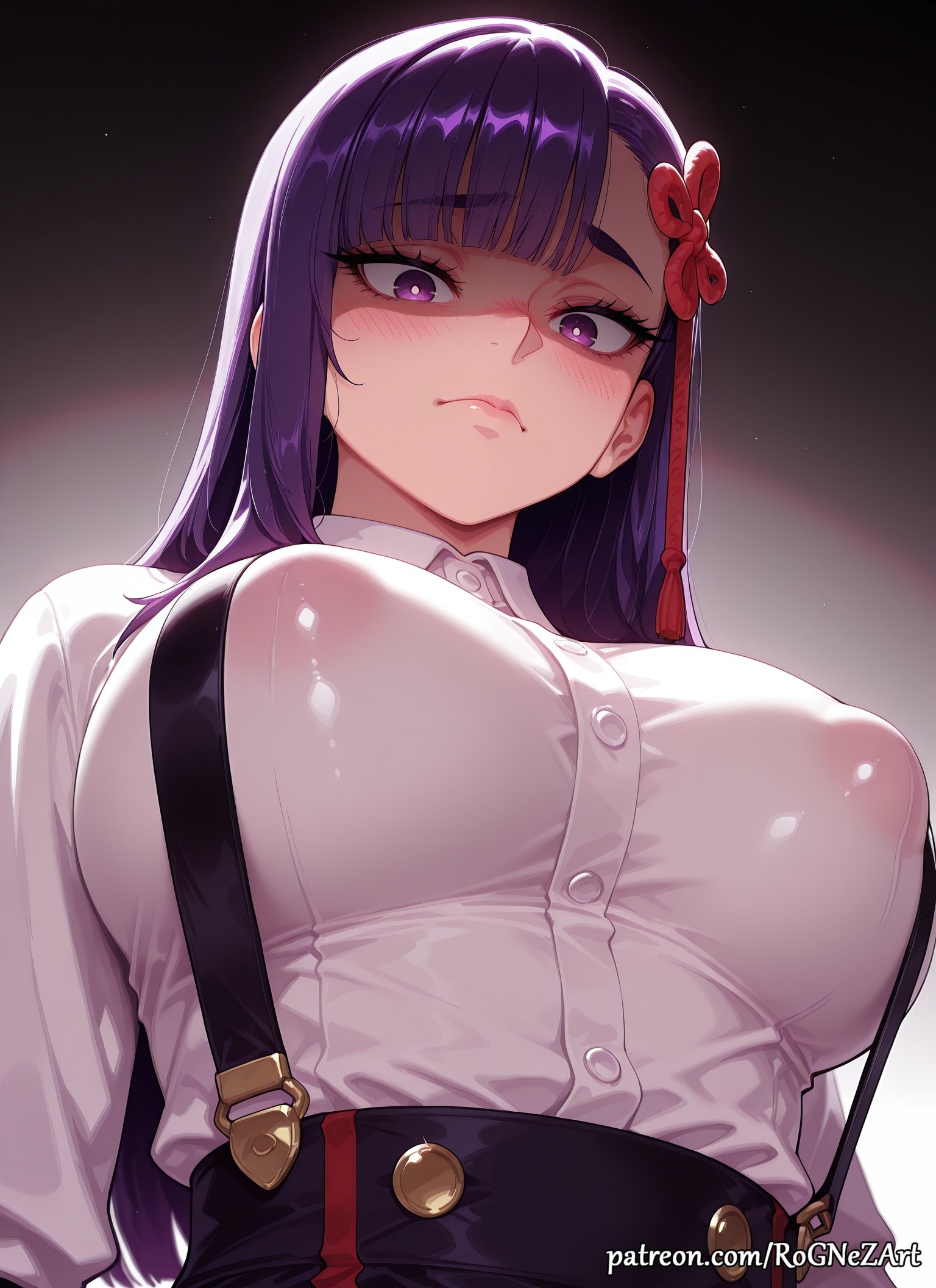 2025, ai generated, anime, bangs, black skirt, blunt bangs, blush, breasts, cleavage, closed mouth, collared shirt, covered nipples, crossover, eye contact, female, female focus, female only, flushed, from below, hair accessory, hair ornament, high-waist skirt, highres, huge breasts, large breasts, lips, long hair, long sleeves, looking at viewer, looking down, low angle, mato seihei no slave, neutral expression, nsfw, patreon, patreon username, purple eyes, purple hair, rognezart, see-through, shaded face, shirt, skirt, solo, suspender skirt, suspenders, upper body, very long hair, white shirt, yamashiro ren