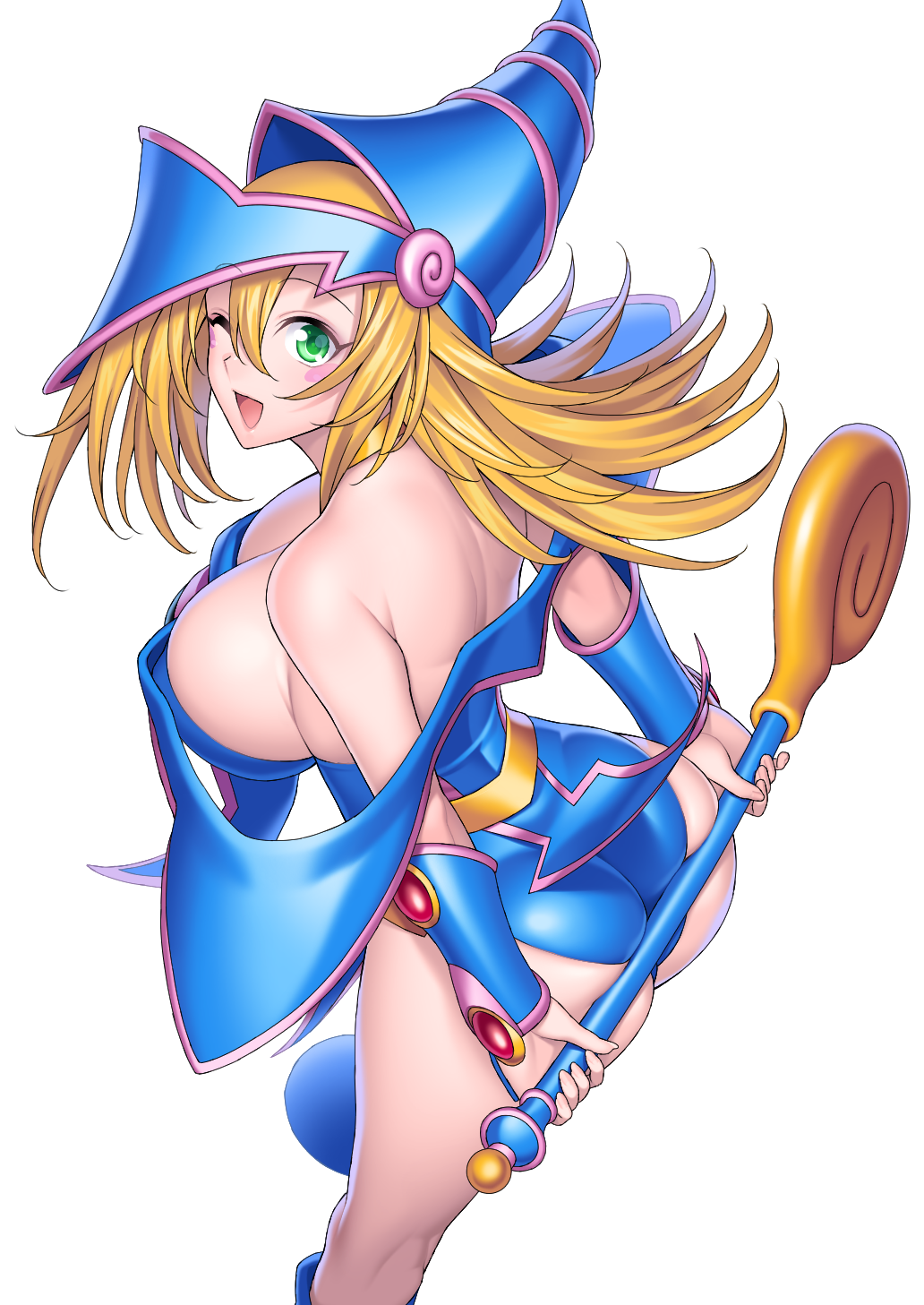 1girls ass blonde_hair dark_magician_girl female female_only green_eyes long_hair solo suzume_inui wink yu-gi-oh! yu-gi-oh!_duel_monsters