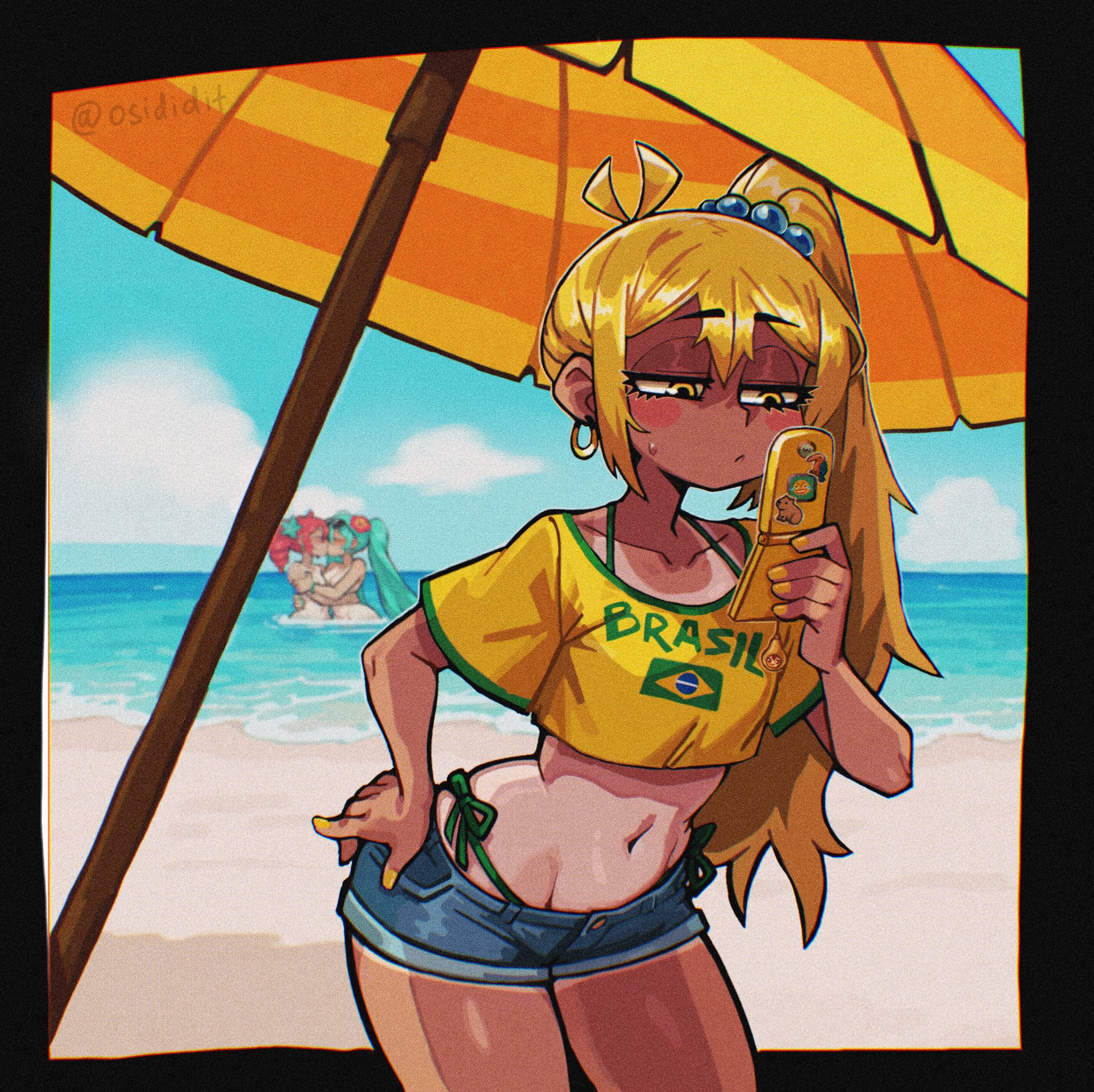 3girls, ahoge, akita neru, alternate costume, antenna hair, aqua hair, beach, beach umbrella, bikini, blonde hair, blue hair, blurry, blurry background, brazilian miku (cosplay), cellphone, closed mouth, cloud, collarbone, cosplay, crop top, cropped shirt, dark skin, dark-skinned female, day, denim, denim shorts, drill hair, earrings, flip phone, hair bobbles, hair ornament, hand on hip, hatsune miku, highres, holding, hoop earrings, jewelry, kasane teto, kissing, lesbian kiss, long hair, micro shorts, midriff, multiple girls, navel, ocean, one-piece tan, osidid, outdoors, phone, phone charm, pink hair, red hair, shirt, short sleeves, shorts, side ponytail, side-tie bikini bottom, sunny, sweatdrop, swimsuit, tan, tanline, tanlines, triple baka (vocaloid), twin drills, twintails, twitter username, umbrella, vocaloid, water, yellow eyes, yellow nails, yuri