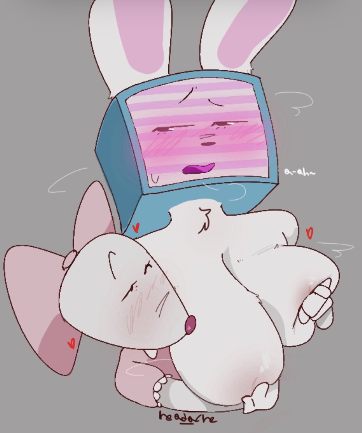 bedroom eyes, blush, blush lines, bow, breast grab, breasts, breasts out, bunny, bunny ears, bunny girl, clothing, fondling, fondling breast, fur, furry, furry female, furry only, fuzzy, gloves, head ache, heart, holding breast, melanie (regretevator), mouse, mouse girl, mozelle (regretevator), nervous, open mouth, pink nose, plain background, regretevator, self upload, shirtless, simple background, small dom big sub, steam, steamy, sweat, sweating, sweaty, tv, tv head, tv screen, yuri