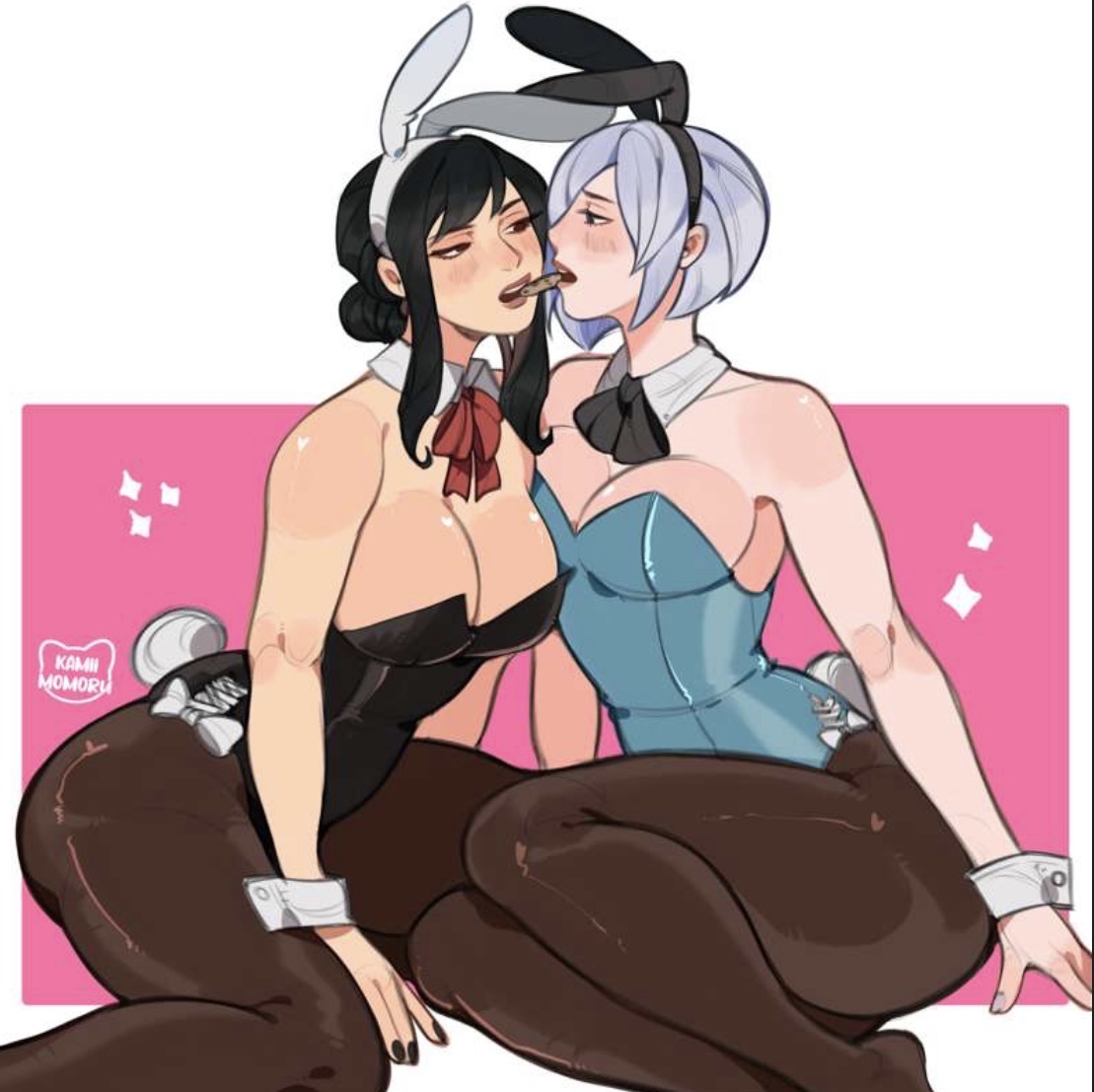 breasts, bunny costume, bunny ears, bunny girl, bunny tail, bunnysuit, cleavage, fiona frost, kamii momoru, kneeling, lesbian kiss, playboy bunny, playboy bunny costume, sexy, sexy body, sexy pose, spy x family, yor briar, yor forger, yuri