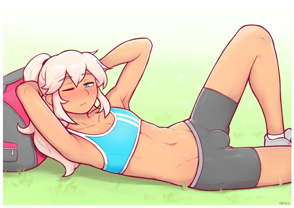 1boy armpits athletic blue_eyes blush bulge cody_(dross) cute dark-skinned_femboy dark-skinned_male dark_skin dross femboy girly grass gym_clothes hair long_hair looking_at_viewer lying male male_only navel one_eye_closed platinum_blonde_hair ponytail shorts solo sports_bra toned wink