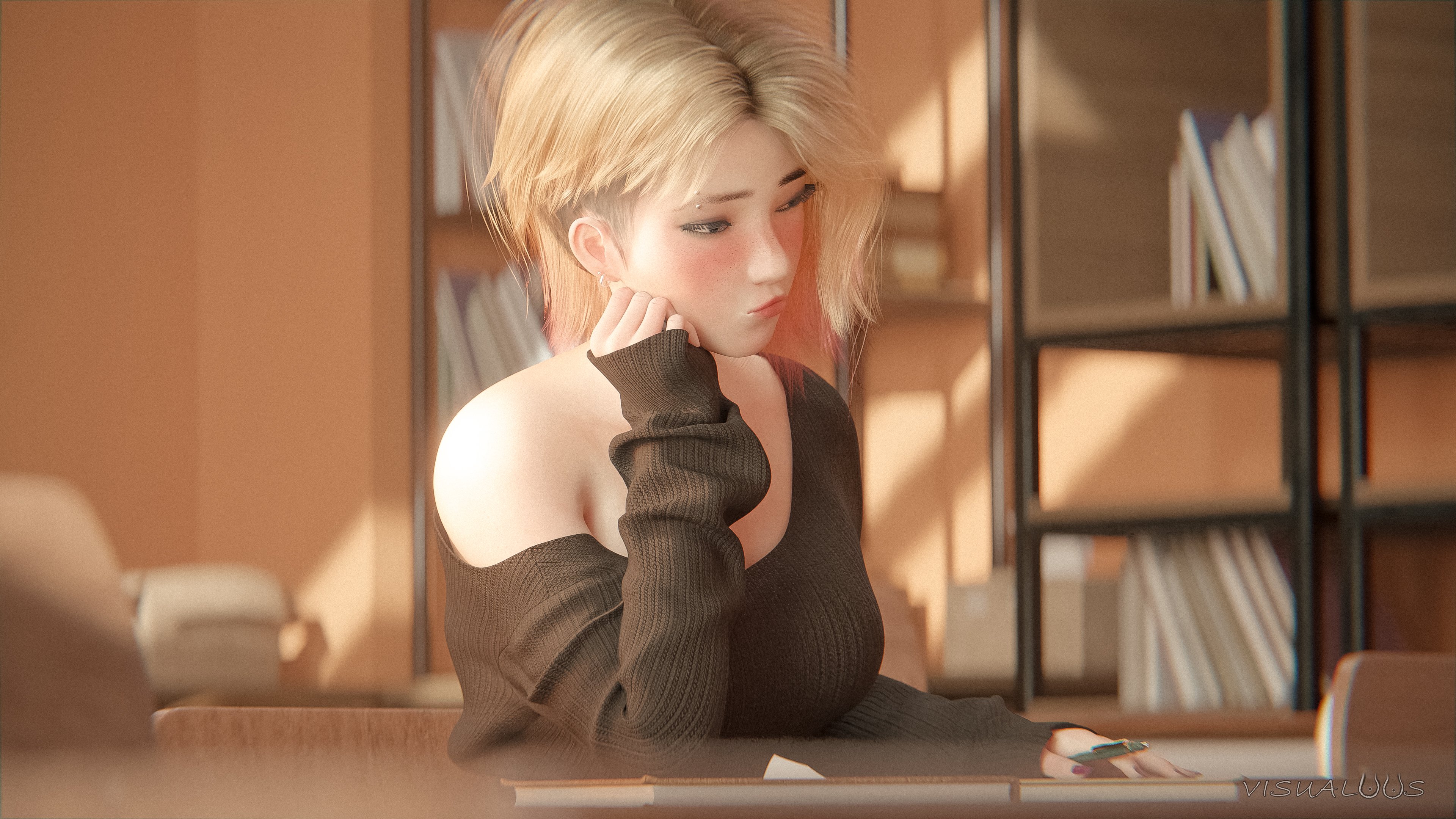 1girls, 2026, 3d, alternate version available, big breasts, blonde hair, blue eyes, bored, breast grab, classroom, earrings, eyebrow piercing, female, female only, flushed cheeks, gwen stacy, gwen stacy (spider-verse), head rest, highly detailed, image set, indoors, lipstick, long eyelashes, long fingernails, long sleeves, loose shirt, marvel, medium hair, moaning, nail polish, off-shoulder shirt, painted nails, piercing, pink lipstick, purple nail polish, shaved side, solo, spider-man (series), spider-man: into the spider-verse, visualoos