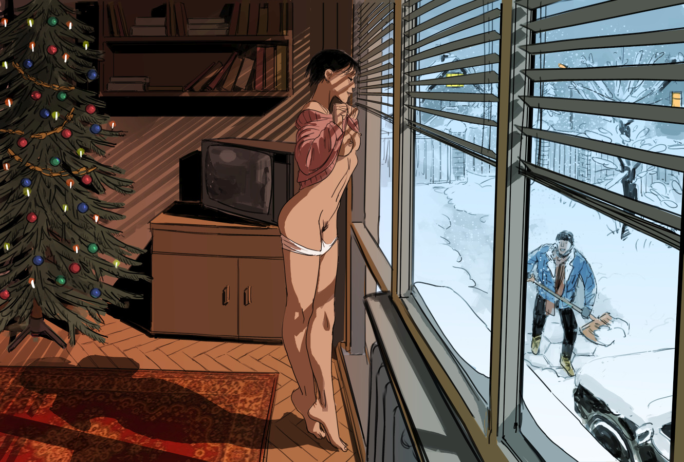 au (artist), black hair, christmas tree, exhibitionism, flashing, flashing breasts, natalia (au), panties down, public nudity, small breasts, snow, sweater, window