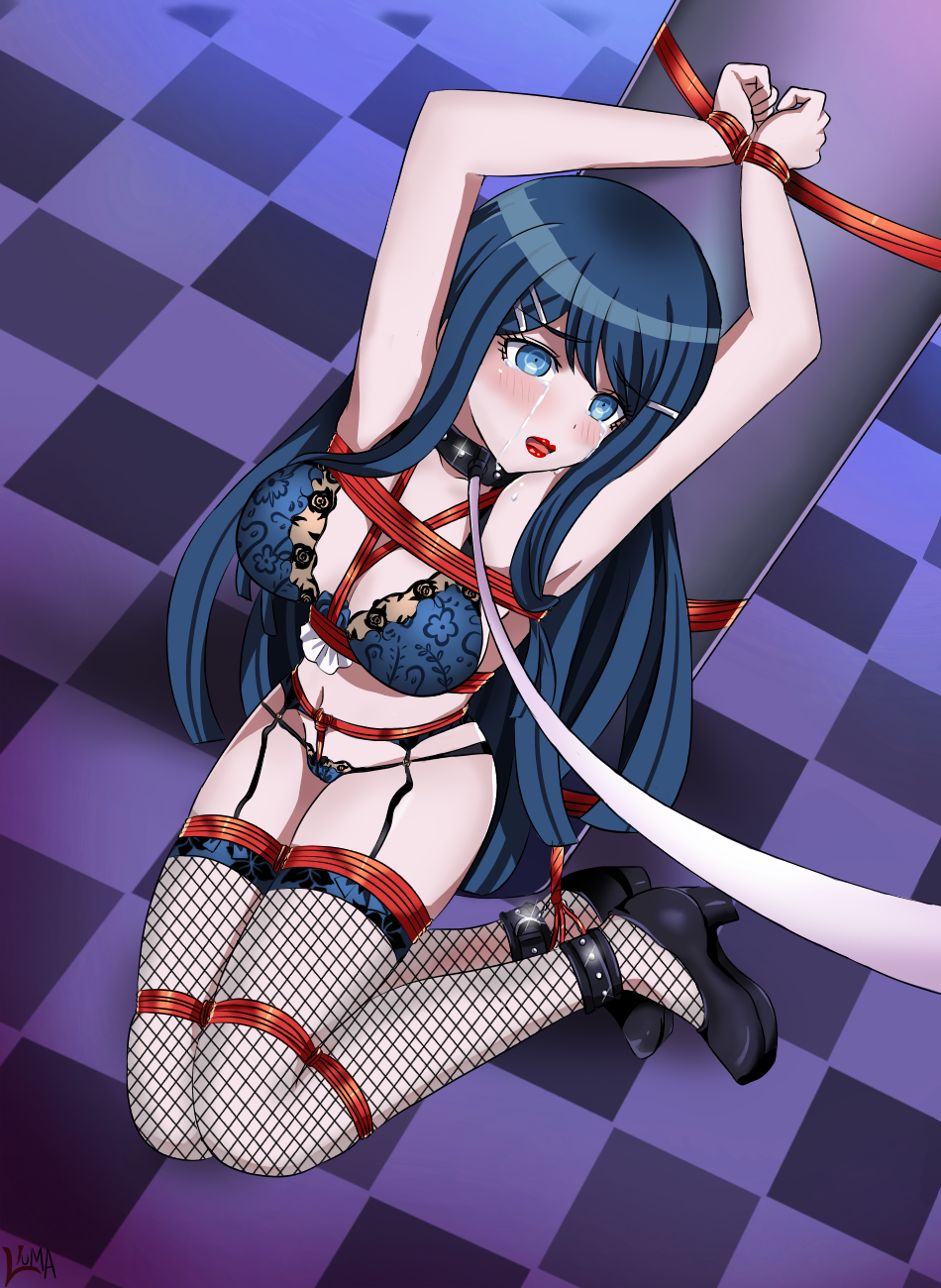 big_breasts blue_bra blue_eyes blue_hair blue_panties blush bondage bra breasts collar collar_bone danganronpa danganronpa_1 danganronpa_3 female female_only garter_belt hands_tied imminent_deepthroat imminent_oral izuru_planetes lewdkuma long_hair maizono_sayaka open_mouth oral panties pantsu questionable_consent shoes straight_hair tears tied tied_legs underwear