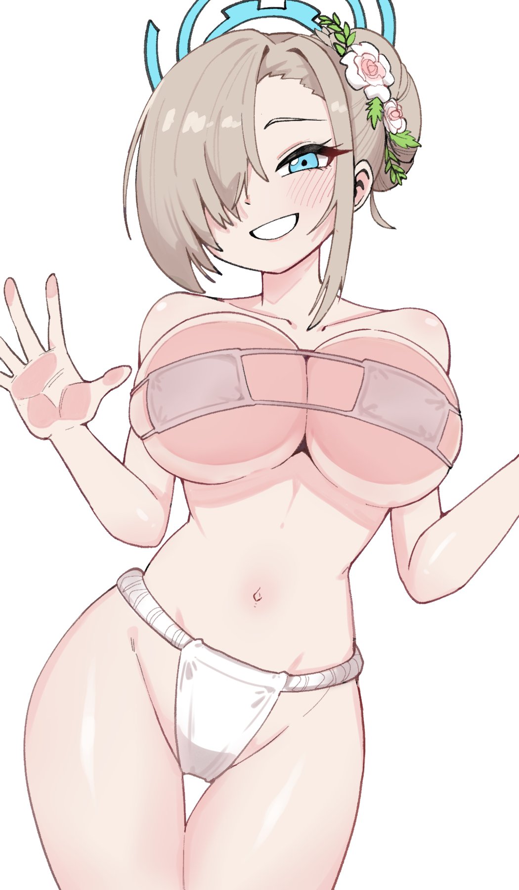 1girls, asuna (blue archive), blue archive, blush, breasts on glass, cleaning & clearing (blue archive), eyepatch bikini, female, female only, fundoshi, hair bun, hand on glass, huge breasts, light skin, light-skinned female, mago cats, millennium science school student, smile, solo, white bikini