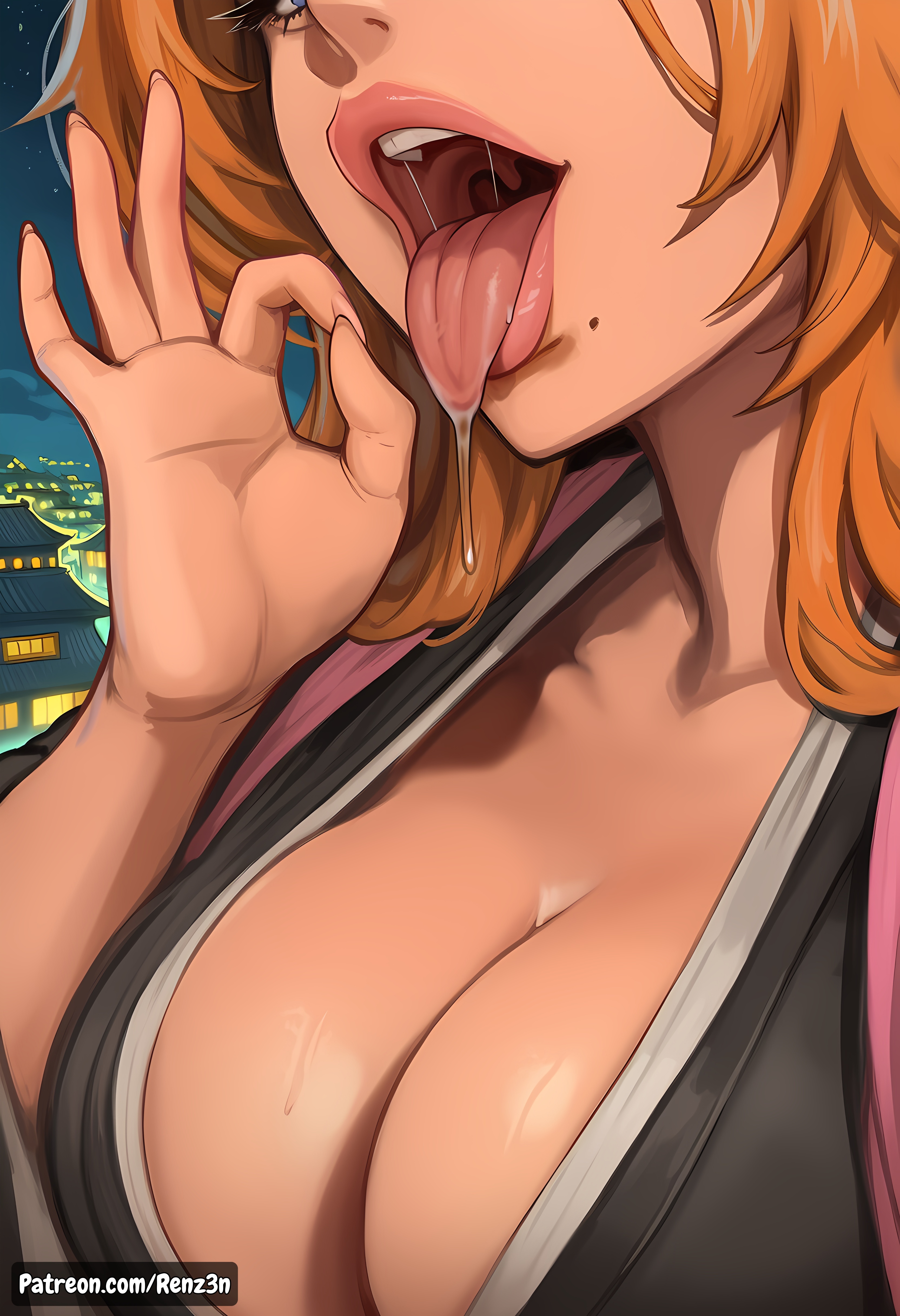 1girls, ai generated, areolae, artist name, bleach, bleach: the thousand-year blood war, blue eyes, breasts, breasts bigger than head, cleavage, comic, english, fellatio gesture, female, female only, hair, hi res, high resolution, highres, huge breasts, japanese clothes, jewelry, kimono, large areolae, large breasts, long hair, matsumoto rangiku, necklace, nipples, orange hair, patreon, patreon url, pink shawl, renz3n, shawl, shihakusho, straight, uniform, very long hair, watermark