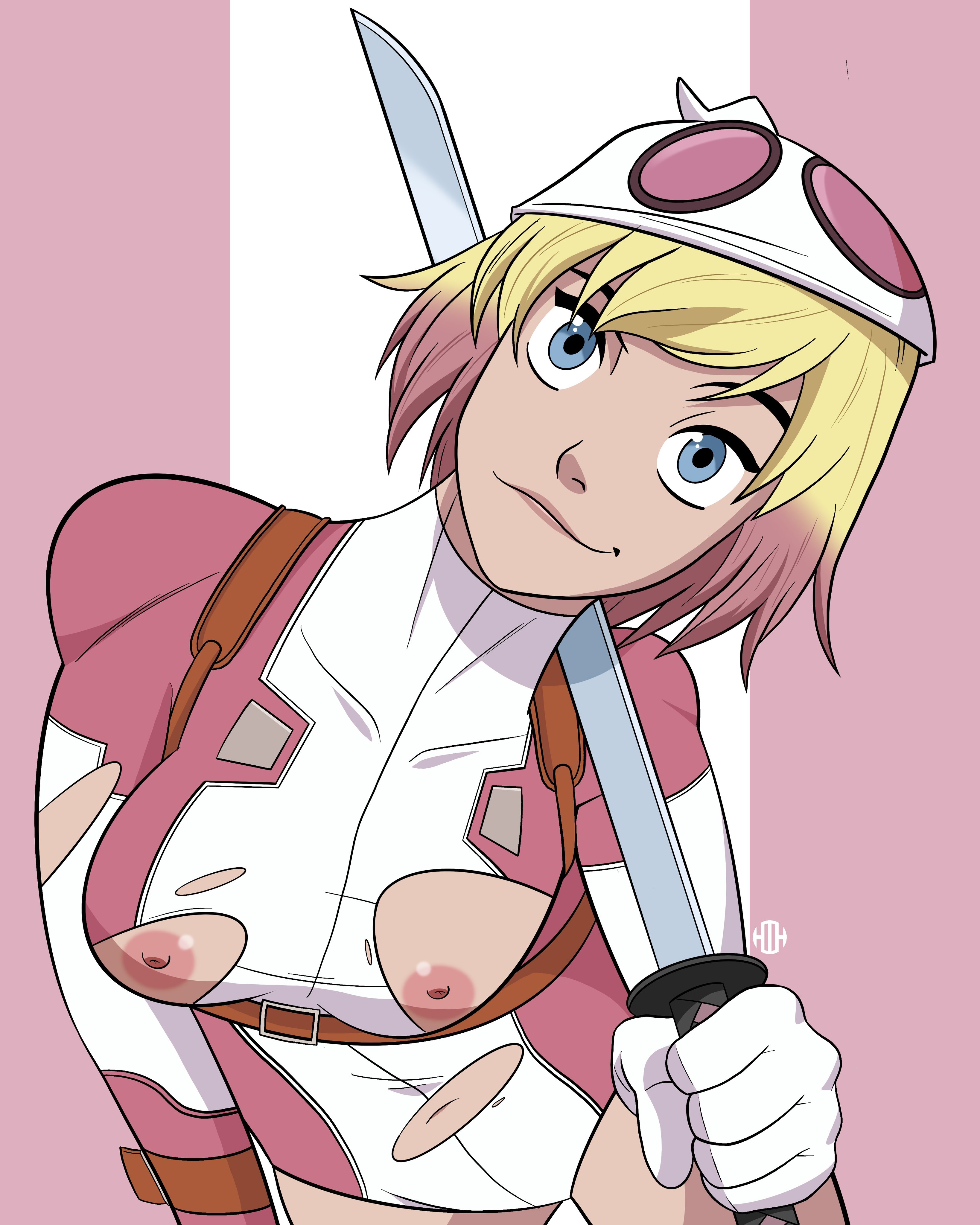 1girl, 1girls, alternate version at source, breasts, female, female focus, female only, gwen poole, gwenpool, gwenpool (series), harrisartz, marvel, marvel comics, nipples, ripped bodysuit, ripped clothing, solo, solo female, solo focus, sword, tearing clothes, torn clothes