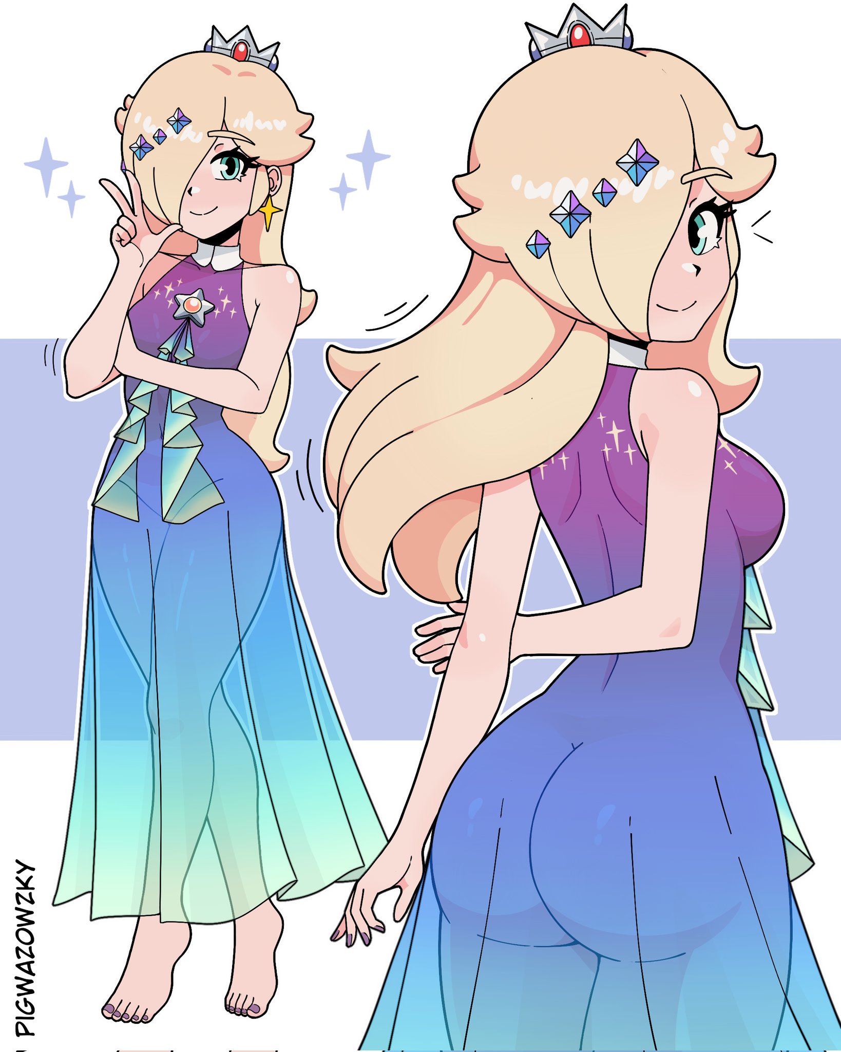 1girls, ass, barefoot, cute, dress, mario (series), nintendo, pigwazowzky, princess rosalina, see-through, see-through clothing, sideboob
