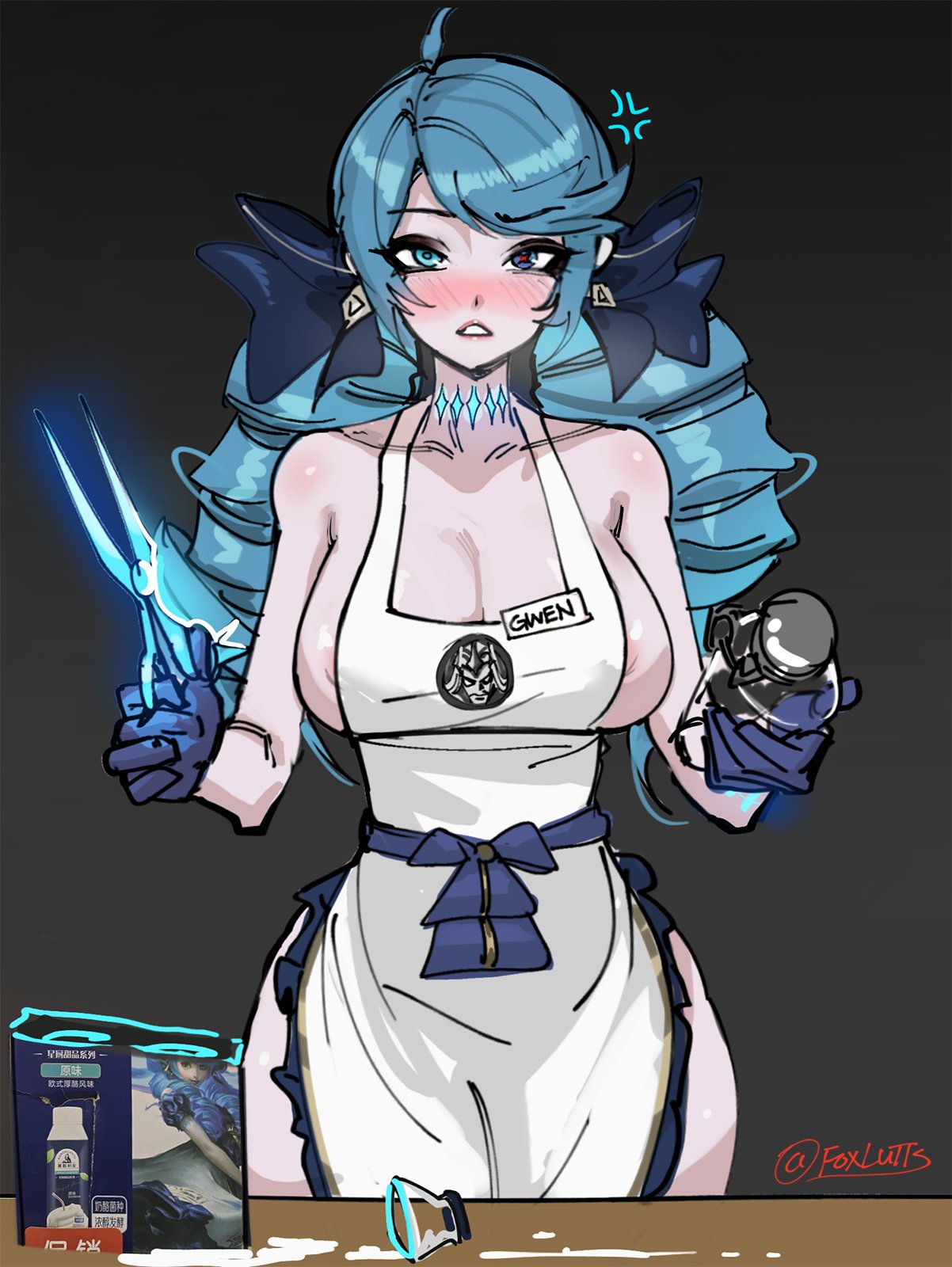 annoyed, apron, apron only, areola, areola slip, areolae, bangs, big breasts, blue eyes, blue hair, blush, bow, breasts, drill hair, female, foxlutts, gwen (league of legends), large breasts, league of legends, looking at viewer, naked apron, name tag, scissors, solo, starbucks, starbucks barista, teeth, thighs, twintails