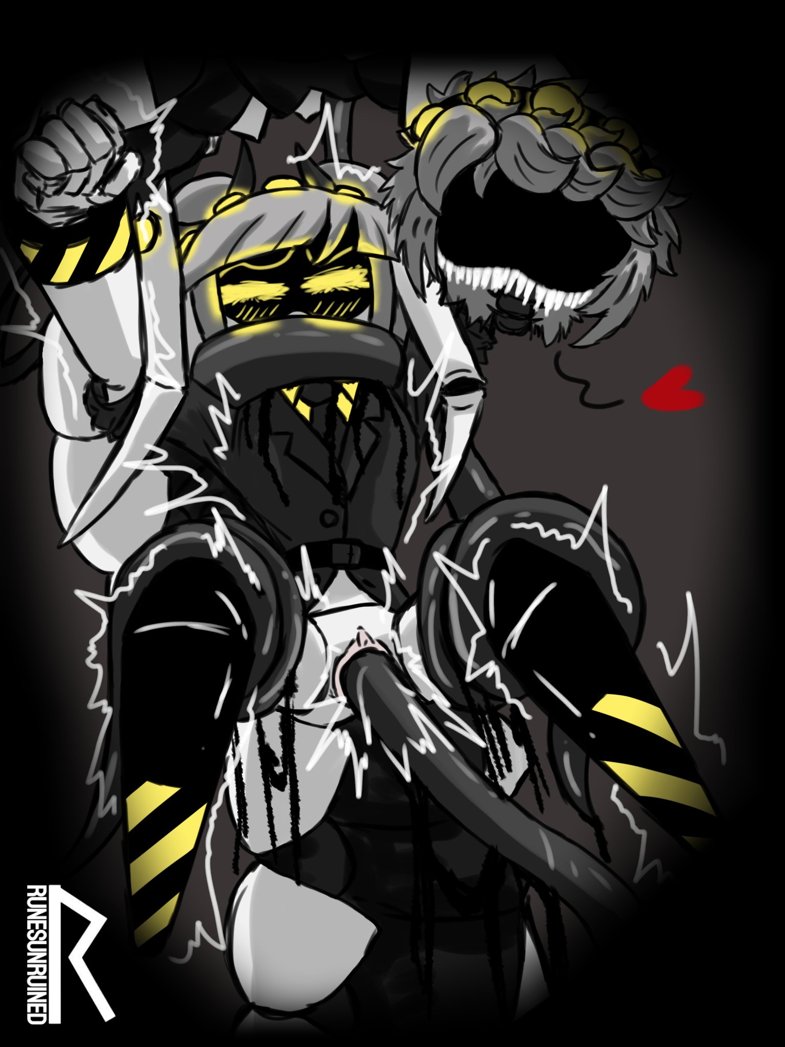 1boy, 1girls, artist name, artist signature, blush, blushing female, clothing, covered mouth, eldritch disassembly drone, eldritch n (murder drones), glitch productions, heart, j (murder drones), monster, monster boy, monster fucker, murder drones, n (murder drones), penetration, restrained, robot, robot boy, robot girl, robot humanoid, sharp teeth, silver hair, tentacle, tentacle sex, thrusting, thrusting into pussy, tied up, yellow eyes