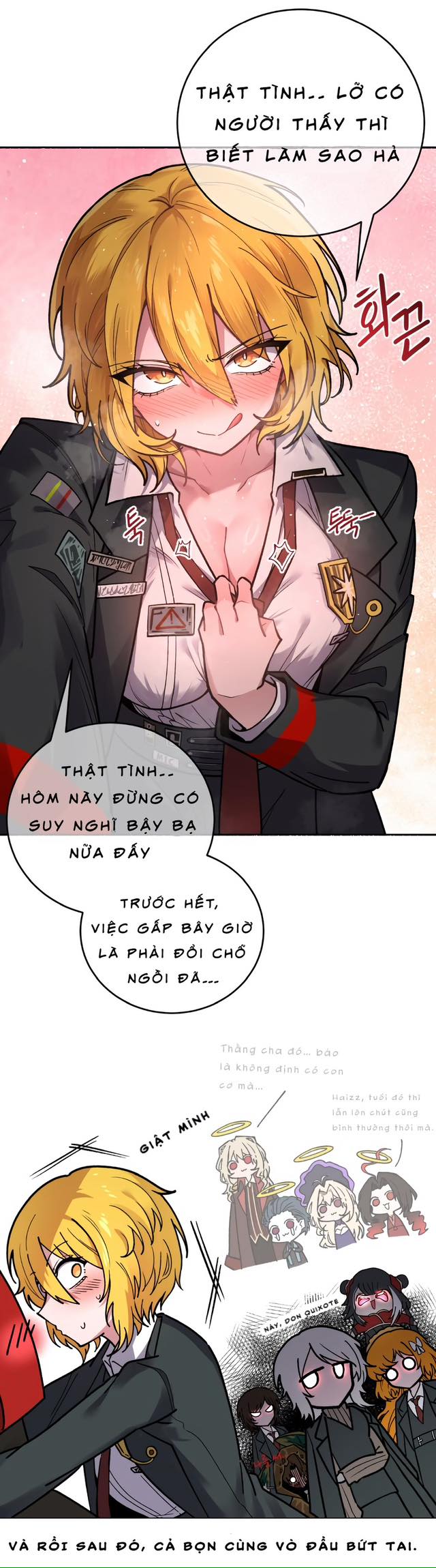 blonde female, caught, cleavage, clock, clock head, color, comic, couple, curiambro (limbus company), dad quixote (limbus company), dante (limbus company), dark-skinned male, don quixote (limbus company), dulcinea (limbus company), faust (limbus company), fire, happy, horny, inviting, ishmael (limbus company), ishmael (project moon), light-skinned female, limbus company, loving couple, nicolina (limbus company), outis (limbus company), outis (project moon), project moon, prosthetic, vietnamese text, xichun creature