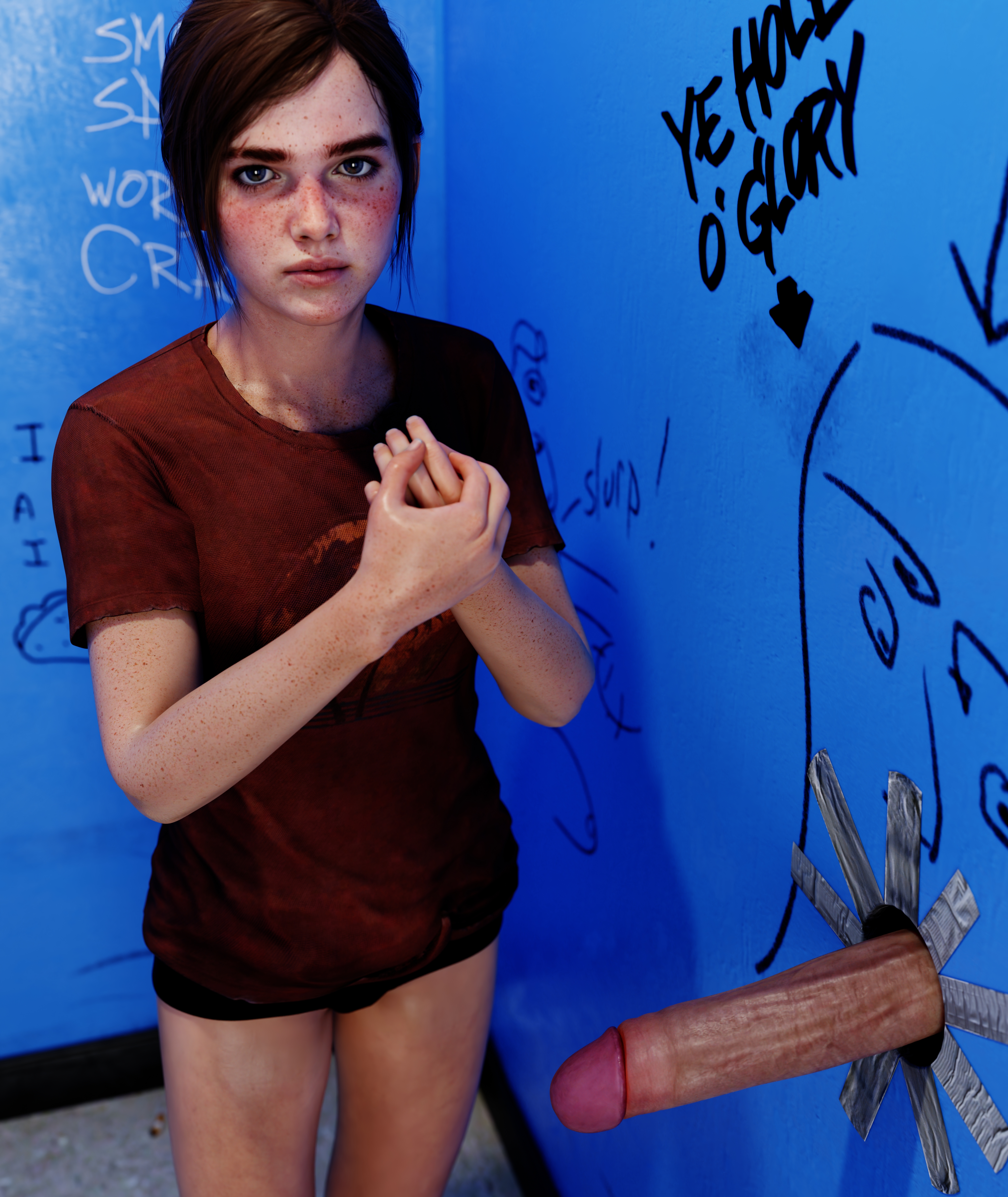 1boy, 1girls, ellie (the last of us), ellie williams, female, freckles, glory hole, legs, male, pantsless, penis, petite, red shirt, shirt, standing, tagme, the last of us, thighs, untagged