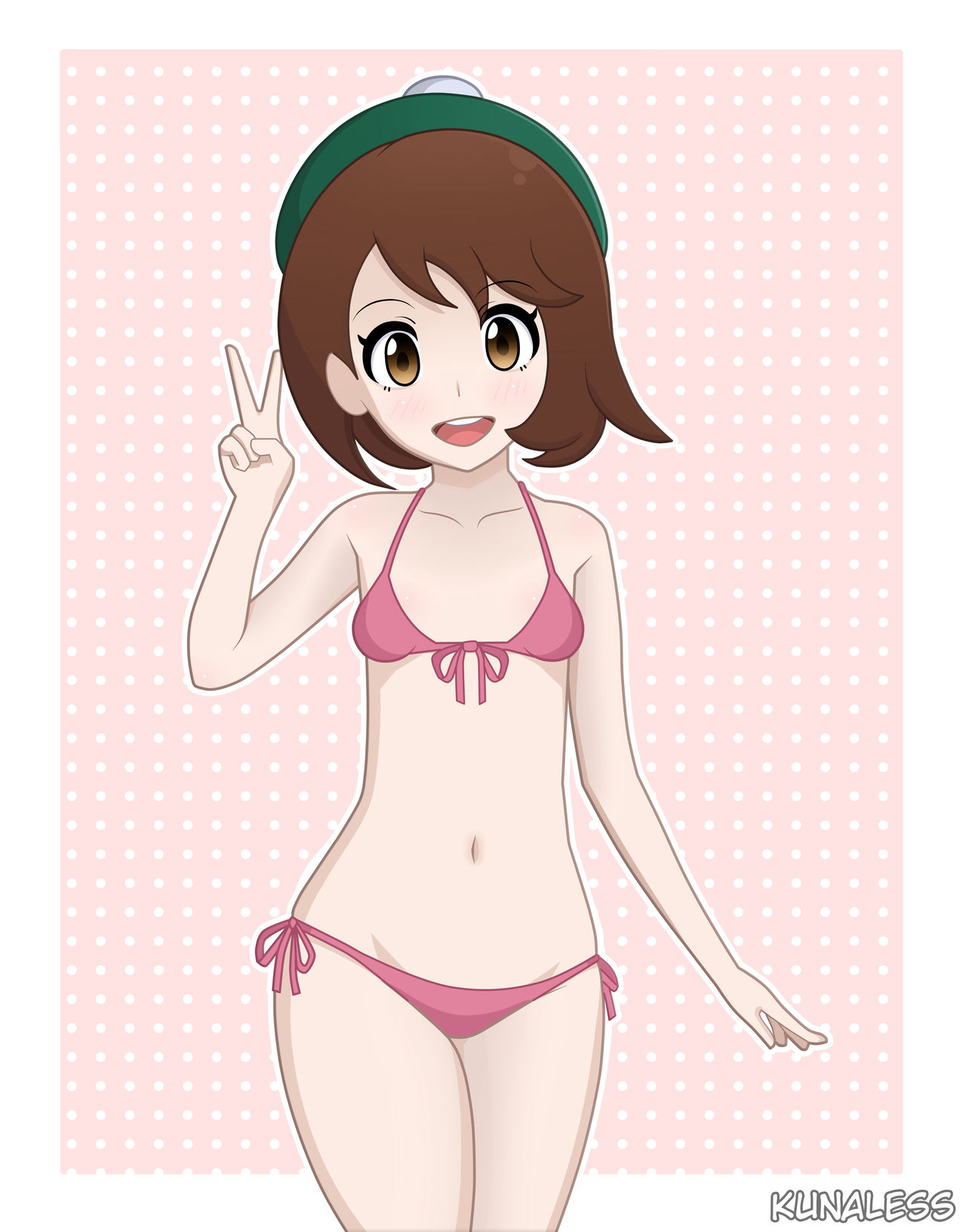 1girls, bikini, breasts, brown eyes, brown hair, clothes, female, female only, gloria (pokemon), hat, hoodie, human, kunaless, looking at viewer, nintendo, pokemon, pokemon ss, short hair, small breasts, smiling, solo, text, v, watermark, wide hips