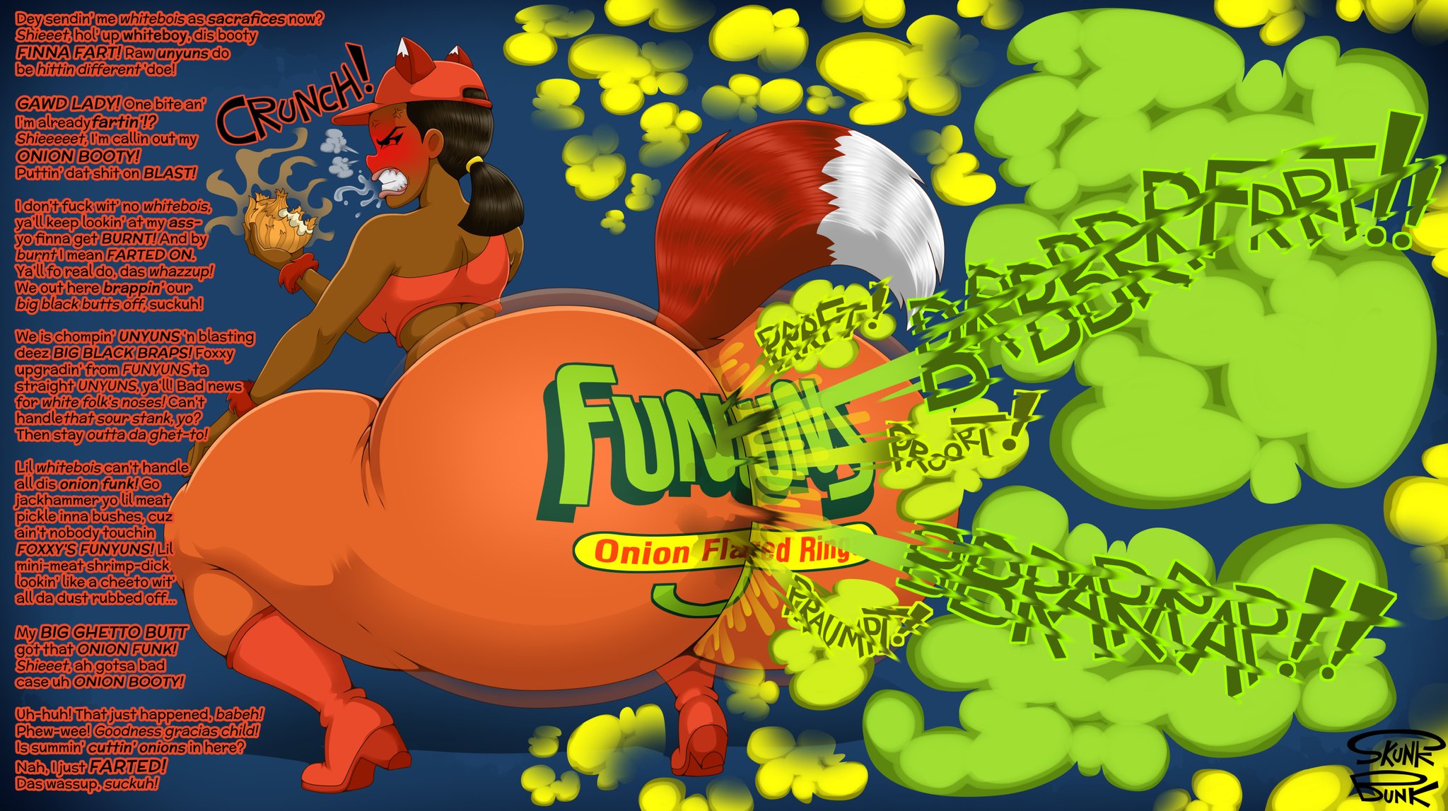 alternate version available, ass, big ass, comedy central, dark skin, dark-skinned female, dialogue, drawn together, fart, fart cloud, fart fetish, female, fox ears, fox tail, foxxy love, huge ass, hyper ass, leggings, mucho texto, novelty pants, onion, raceplay, skunk bunk, text, yoga pants