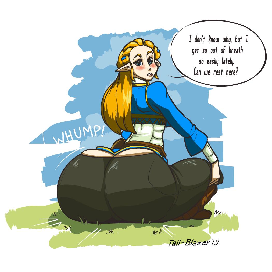 1girls, 2019, artist name, ass, ass cleavage, ass crack, big ass, blonde hair, blue eyes, blush, bottom heavy, breath of the wild, butt crack, crown braid, elf ears, english text, female, hair clips, huge ass, long blonde hair, long hair, looking back at viewer, nintendo, princess zelda, sitting, solo, solo female, speech bubble, tail-blazer, text, the legend of zelda, wide hips, zelda (breath of the wild)
