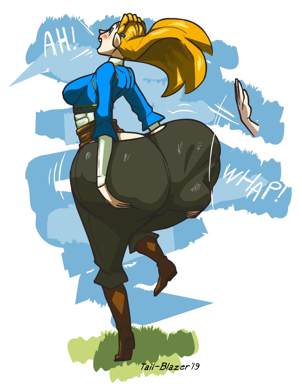 1girls, 2019, artist name, ass, ass built separately, ass cleavage, ass crack, ass grab, ass slap, big ass, blonde hair, blush, boots, bottom heavy, breasts, breath of the wild, butt crack, disembodied hand, elf ears, female, grass, hair clip, huge ass, huge butt, hyper ass, long blonde hair, medium breasts, nintendo, princess zelda, solo, solo female, spanking, tail-blazer, text, the legend of zelda, tight pants, wide hips, zelda (breath of the wild)