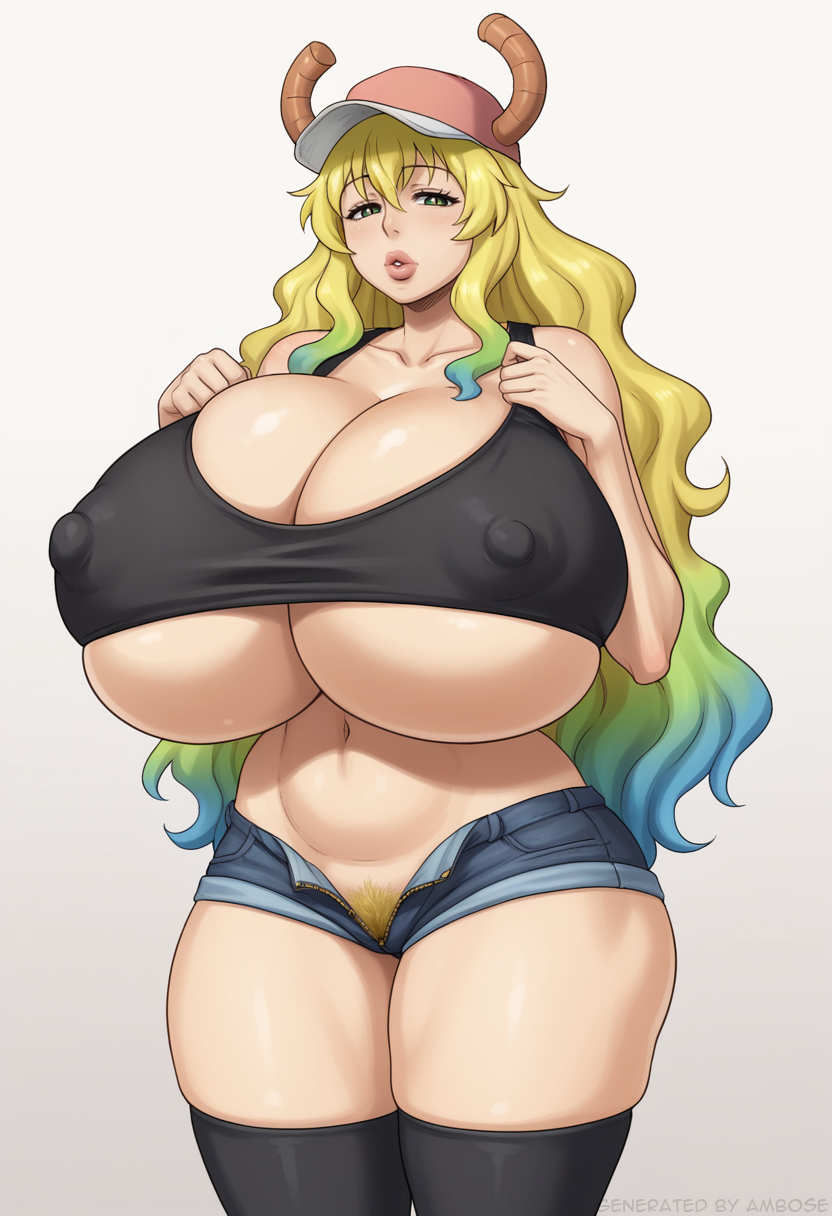 1girls ai_generated ambrose breasts_bigger_than_head bursting_breasts dragon_girl gigantic_breasts green_eyes hat horns long_hair micro_shorts milf miss_kobayashi&#039;s_dragon_maid multicolored_hair nipple_bulge pubic_hair quetzalcoatl_(dragon_maid) self_upload stable_diffusion tank_top thick_lips thick_thighs thighhighs tight_clothing wide_hips