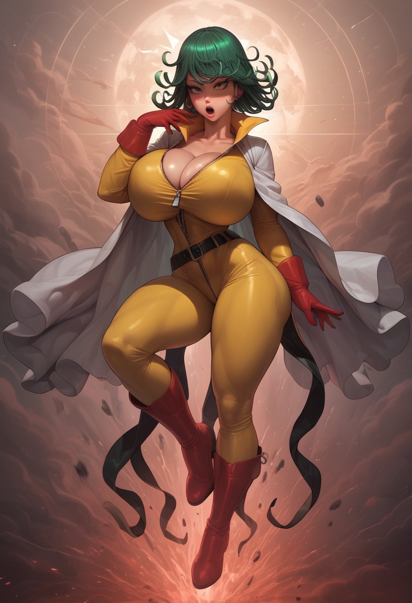 1girls ai_generated belt blush bodysuit boots cape carnival civitai cleavage curly_hair floating flying full_body gloves green_eyes green_hair huge_breasts looking_at_viewer mamely32 one-punch_man open_mouth saitama_(cosplay) short_hair solo surprised tatsumaki thick_thighs zipper