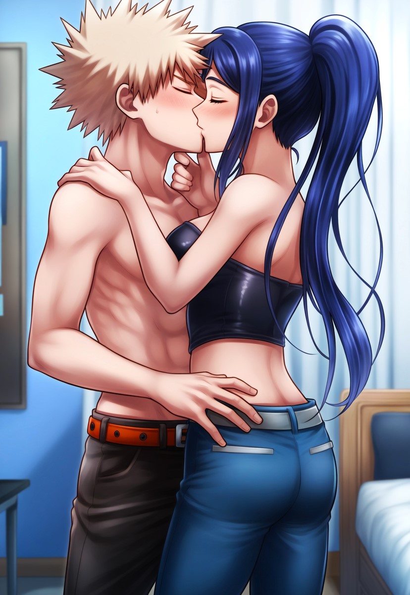 1boy 1boy1girl 1girls ai_generated anime anime_girl attractive babe bakugou_katsuki bedroom bedroom_sex belt blonde_hair blue_hair blue_ponytail blush breasts closed_eyes crossover crossover_pairing curtains cute fantasy female high_school high_school_student idol indoors jnbu katsuki_bakugou kissing love love_live! making_out male male/female matsuura_kanan midriff my_hero_academia novelai pants ponytail shirtless shirtless_male spiky_hair straight topless topless_male young