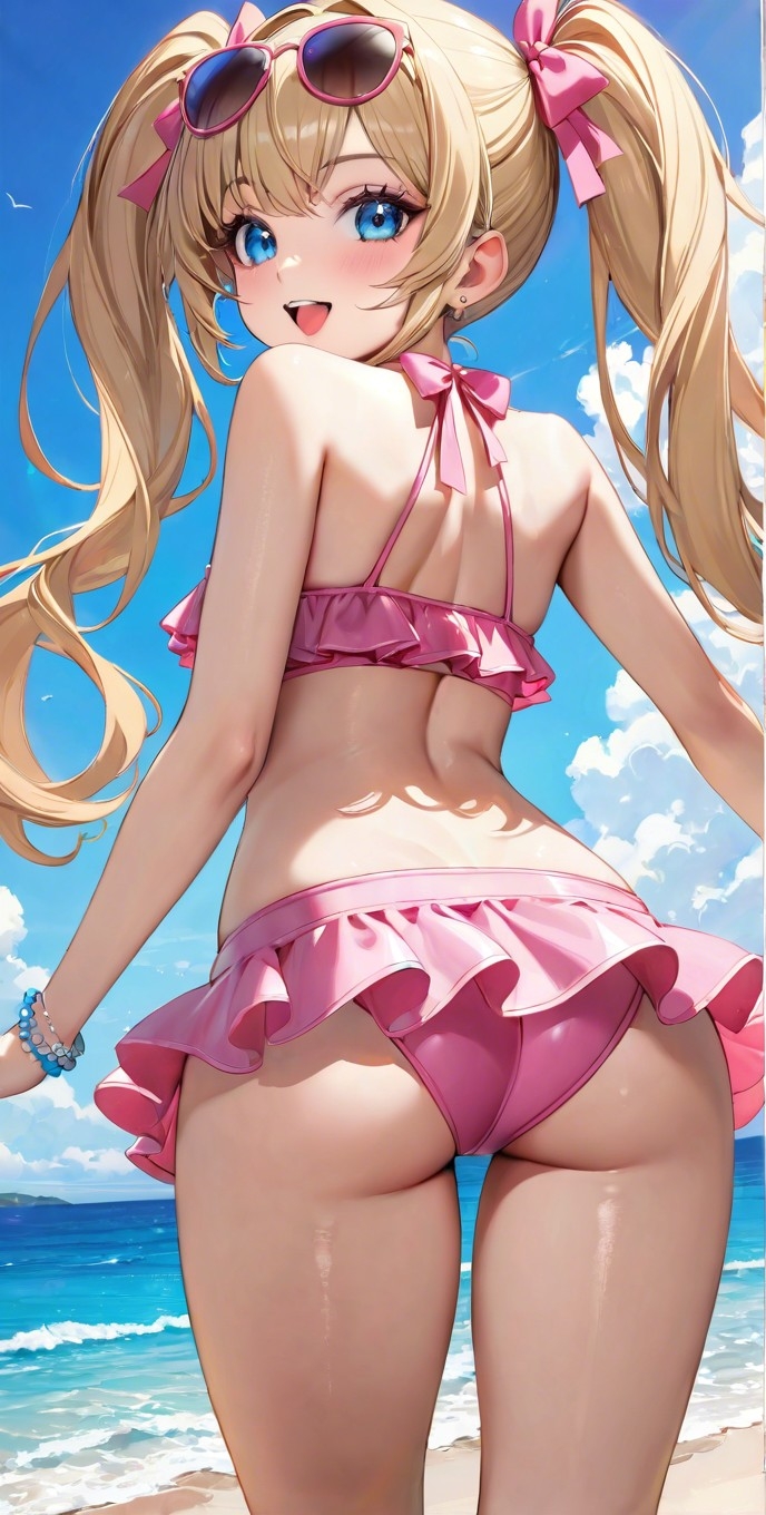 1girls ai_generated ass ass_focus back back_view background bangs bare_legs bare_shoulders bare_thighs beach big_eyes bikini bikini_bottom bikini_top blonde_female blonde_hair blue_eyes blush bracelet breasts bubble_butt butt_crack commentary_request cute cute_ass cute_face earrings female female_focus female_only flat_chest flat_chested frilled_bikini frills from_behind girl girly girly_clothing glasses glasses_on_head happy hips lia_the_busty_redhead looking_at_viewer looking_back looking_back_at_viewer looking_over_shoulder micro_bikini midriff nature nature_background ocean open_mouth original original_character outdoors outside petite pink_bikini pink_bikini_bottom pink_bikini_top ribbon ribbons self_upload shades shoulder_blades shoulders sky small_ass small_breasts solo solo_female solo_focus string_bikini tagme thigh_gap thin_waist twintails water