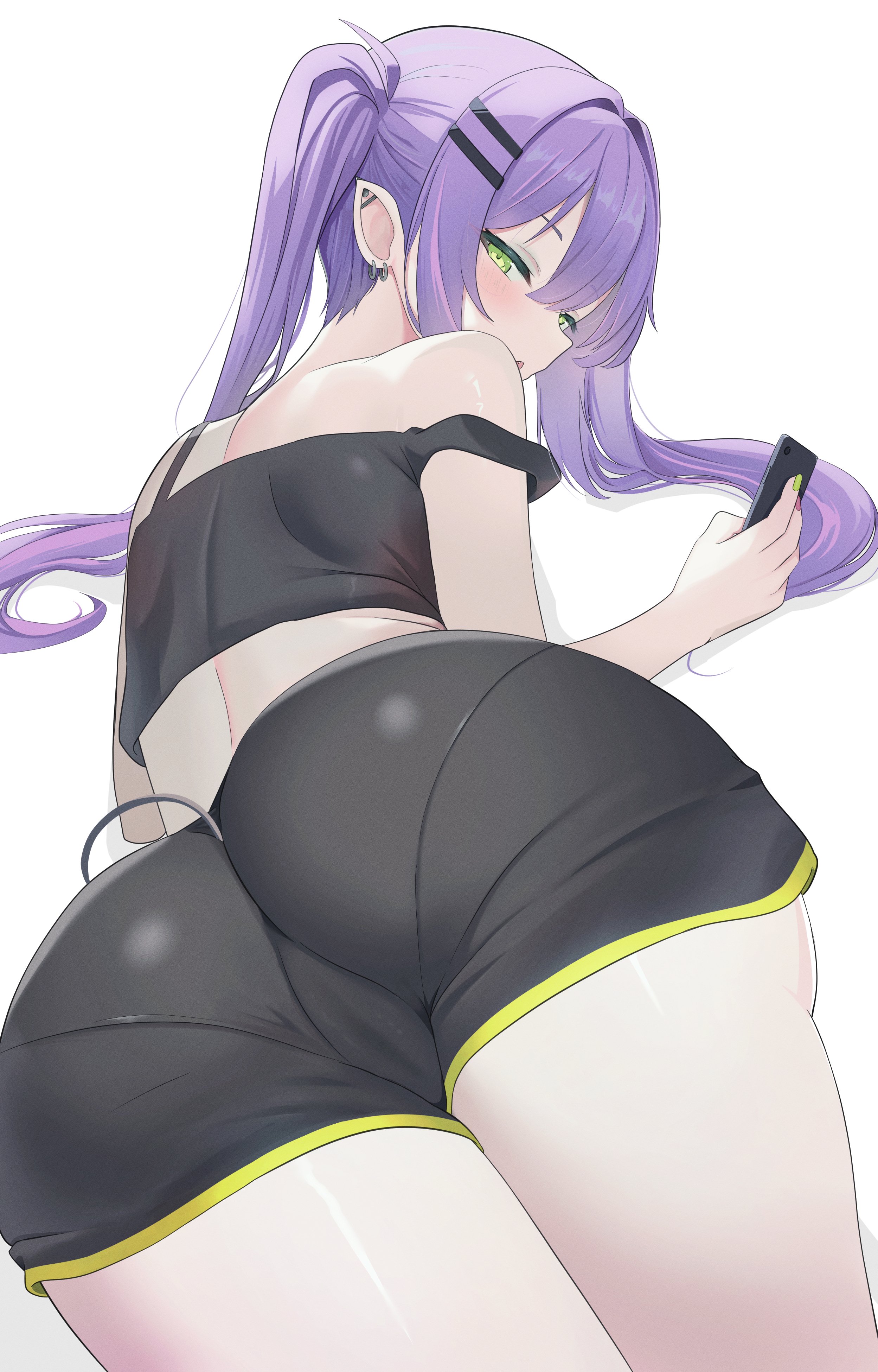 1girls, ass, ass focus, back, big ass, cameltoe, female, holoforce, hololive, hololive japan, looking at viewer, looking back, nekonosuke, pussy, shorts, thick thighs, thighs, tokoyami towa, virtual youtuber, vtuber