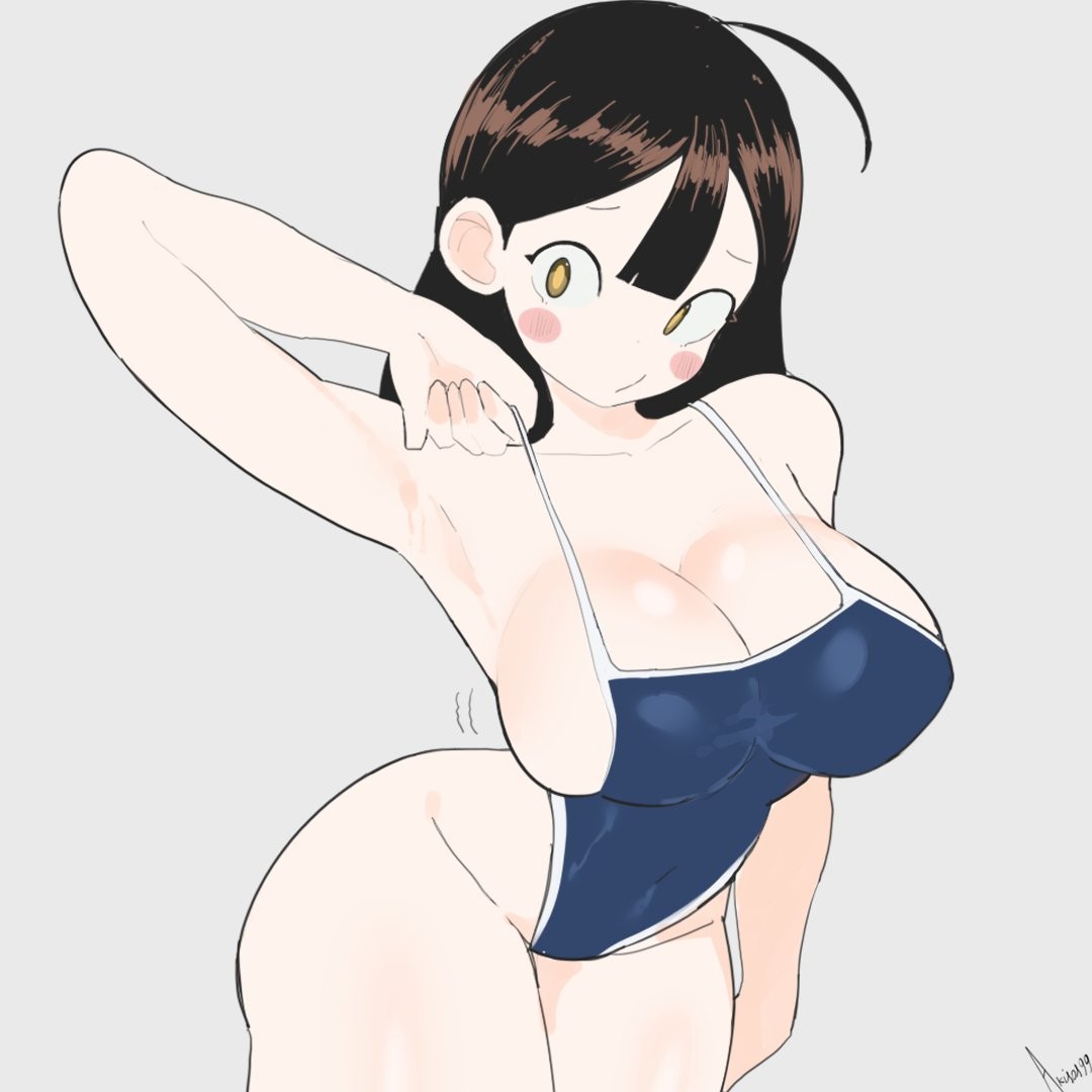 1girl 1girls ahoge akisas99 arm_above_head arm_up armpit armpit_crease armpit_peek armpits background big_boobs big_breasts bikini blank_background blue_bikini blue_one-piece_swimsuit blue_swimsuit blue_swimwear breasts brown-eyed_female brown-haired_female brown_eyebrows brown_eyes brown_hair busty busty_female busty_girl closed_mouth_smile curvaceous curvaceous_body curvaceous_female curvaceous_figure curvaceous_hips curvy curvy_body curvy_female curvy_figure curvy_hips hairless_armpits hand_above_head hand_up head_tilt hourglass_figure huge_boobs huge_breasts inguinal_crease inguinal_ligament large_boobs large_breasts lean_figure legs_closed legs_together monotone_background narrow_waist nervous nervous_expression nervous_face nervous_female nervous_smile oc one-piece_swimsuit one_color_background original original_art original_artwork original_character original_female_character plain_background plump_breasts presenting_armpit school_swimsuit shaved_armpits shy shy_expression shy_female shy_girl shy_smile slender_body slender_waist slim_female slim_waist smile smiley_face smiling smiling_at_viewer solid_color_background sukumizu swimsuit swimwear thighs_together tilted_head white_background wide_hips