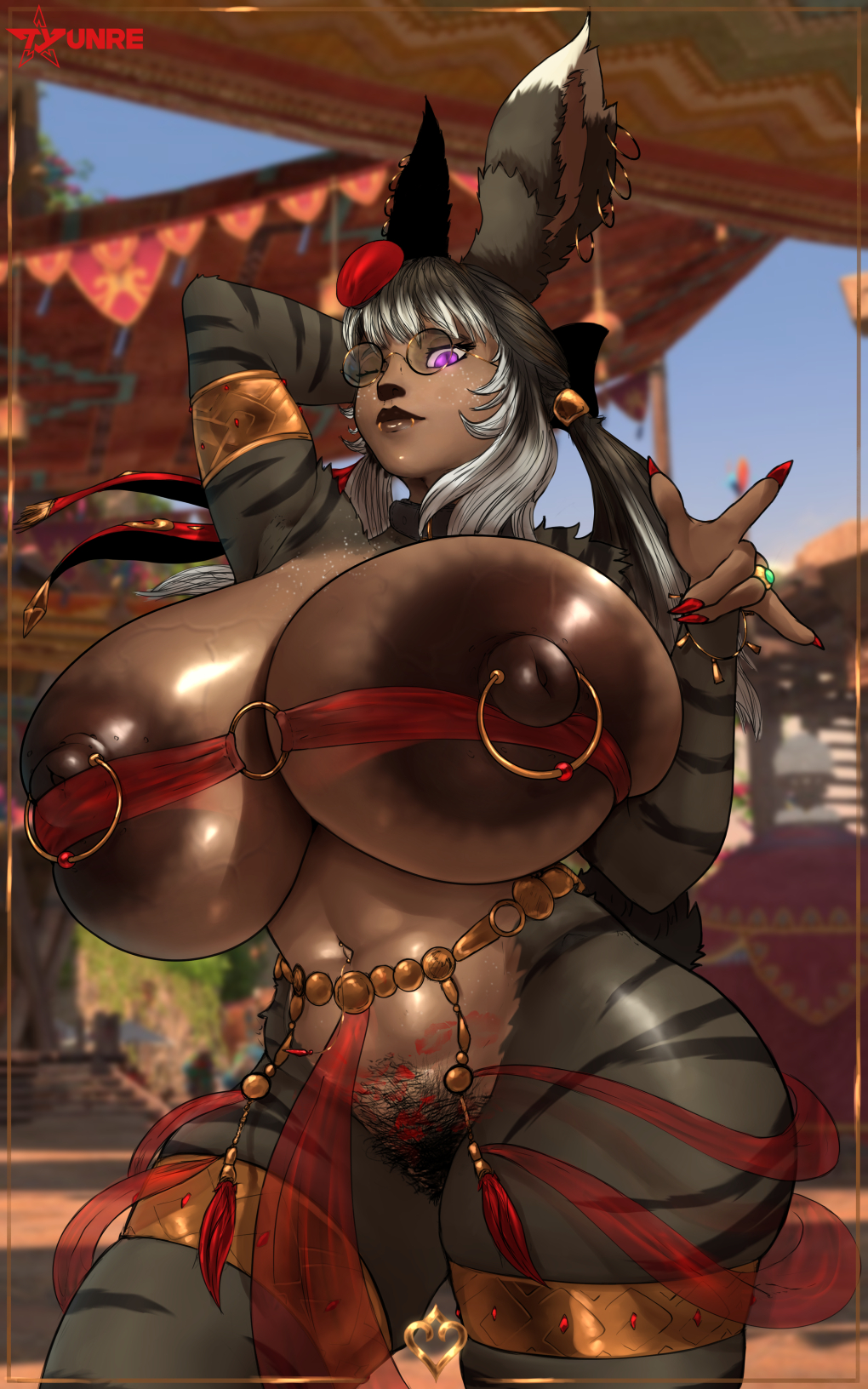 1girls dark_nipples female female_only final_fantasy fran_sjasaris gigantic_breasts huge_areolae huge_breasts lipstick_mark nipple_piercing nude pubic_hair sagging_breasts solo solo_female standing tyunre viera