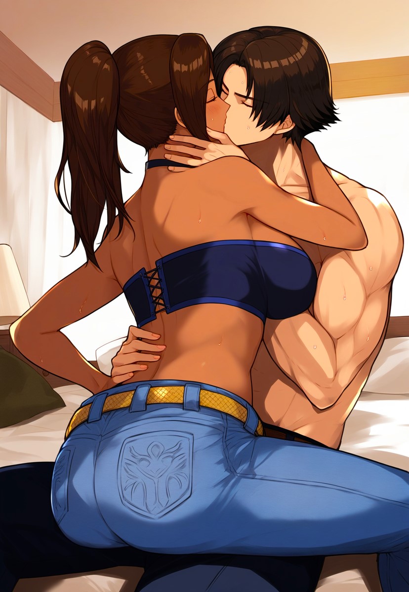 1boy1girl ai_generated babe beautiful bed bedroom belt brazilian brazilian_female brown_skin brown_skinned_female chocker christie_monteiro crossover crossover_shipping fantasy fighter handsome hetero imminent_sex indoors interracial interracial_kiss japanese japanese_male jeans jnbu king_of_fighters kyo_kusanagi midriff muscular muscular_male namco namco_bandai novelai passionate passionate_kiss pillow ponytail sexy snk straddling straight tekken tekken_4 tekken_tag_tournament_2 thick_thighs topless topless_male video_game_character video_game_franchise video_games wood