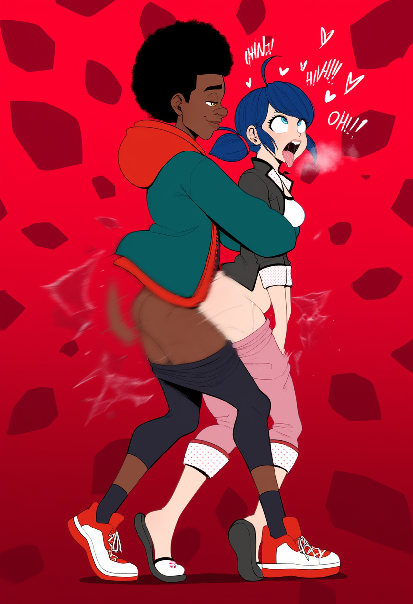 afro ahe_gao ahoge ai_generated ass black_hair black_jacket black_pants blue_eyes blue_hair blush breasts brown_eyes capri_pants clothed_sex clothes_pull collared_shirt crossover dark-skinned_male1boy dark_skin deep_penetration drooling english_text female from_side fucked_silly full_body green_jacket hair_bun heart heavy_breathing height_difference hood hood_down hooded_jacket hoodie hug hug_from_behind interracial jacket jewelry leggings light-skinned_female long_hair marinette_cheng marinette_dupain-cheng medium_breasts miles_morales miles_morales_(spider-verse) miraculous_ladybug motion_blur novelai open_clothes open_jacket open_mouth orgasm pants pants_pull piercing pink_pants ponytail red_background red_footwear rolling_eyes saliva sex sex_from_behind shirt shoes short_hair silly smile sneakers spider-man:_across_the_spider-verse spider-man:_into_the_spider-verse spider-man_(series) standing standing_sex straight sweat teeth tongue tongue_out torogao twintails vaginal_penetration very_dark_skin white_shirt yellow_eyes