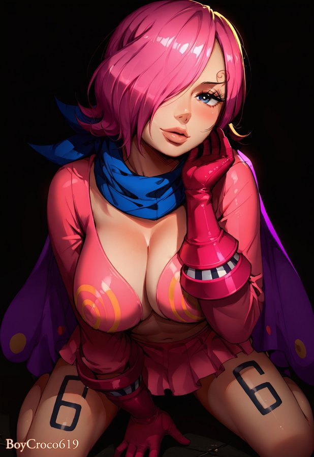 1girls ai_generated big_breasts boycroco619 cleavage female female_only kneeling one_piece pink_hair reiju vinsmoke_reiju