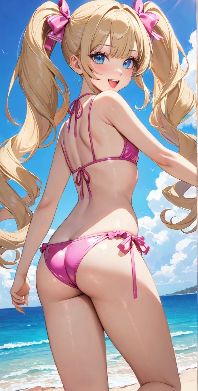 1girls ai_generated ass ass_cleavage ass_focus back back_view bangs bare_legs bare_shoulders bare_thighs beach big_eyes bikini bikini_bottom bikini_top blonde_female blonde_hair blue_eyes blush breasts bubble_butt butt_crack commentary_request curled_hair cute cute_ass cute_face earrings female female_focus female_only flat_chest flat_chested from_behind girl girly happy hips lia_the_busty_redhead looking_at_viewer looking_back looking_back_at_viewer looking_over_shoulder micro_bikini midriff ocean open_mouth original original_character outdoors outside petite pink_bikini pink_bikini_bottom pink_bikini_top ribbon ribbons self_upload shoulder_blades shoulders sky small_ass small_breasts solo solo_female solo_focus string_bikini tagme thin_waist twintails water