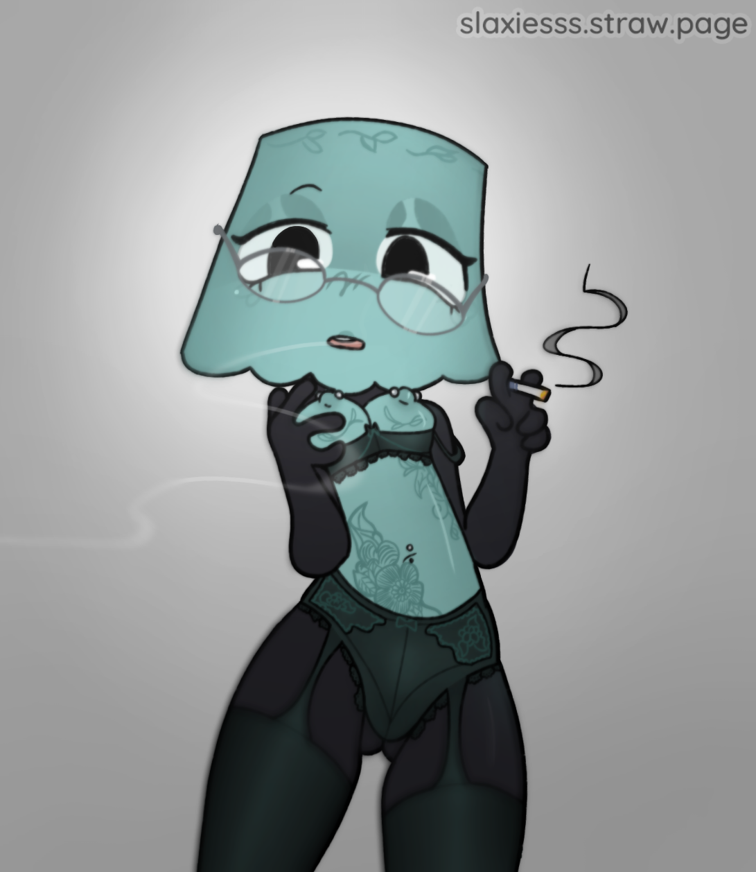 antique shade brightney, belly piercing, brightney (dandy's world), dandy's world, dark lighting, lingerie, looking at viewer, no humans, non-human, pierced nipples, piercings, slaxiess, smoke from mouth, smoking, smoking cigarette
