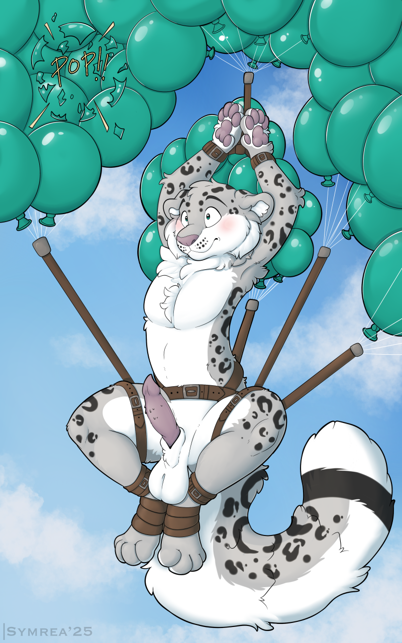 balloon balls barefoot blue_eyes blush bondage bound feet felid feline furry furry_feet genitals grey_body hi_res inflatable mammal outside pantherine penis simple_background snow_leopard symrea tied_feet toony